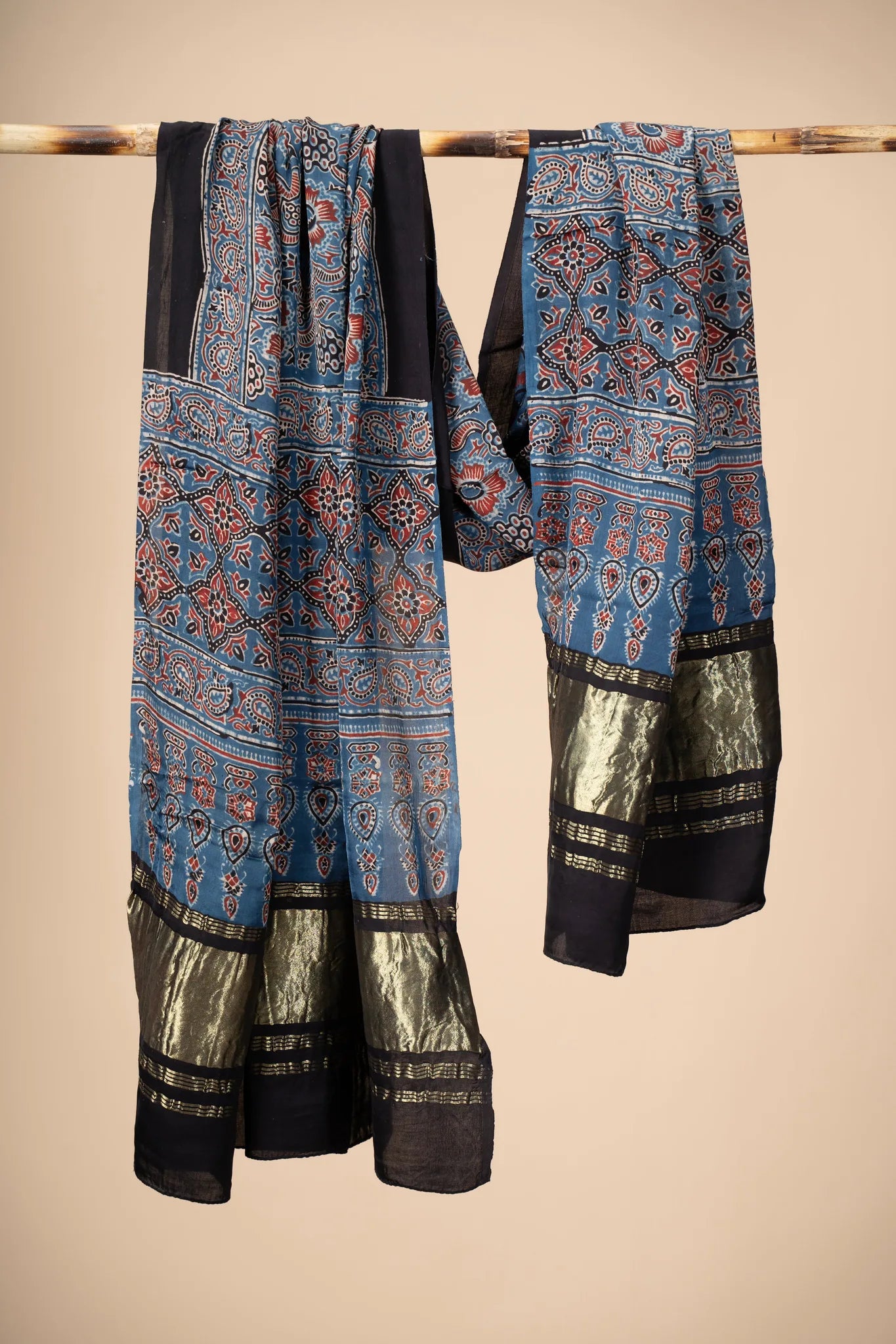 Blue and Red Ajrakh block Print Modal Silk Dupatta With Lagdi Patta