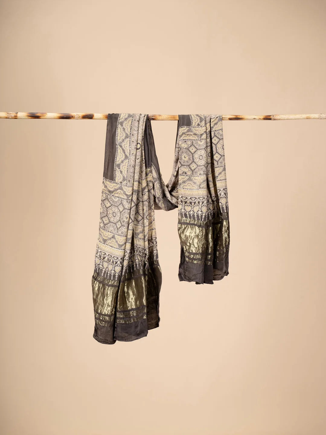 Grey Ajrakh block Print Modal Silk Dupatta With Lagdi Patta - view 2