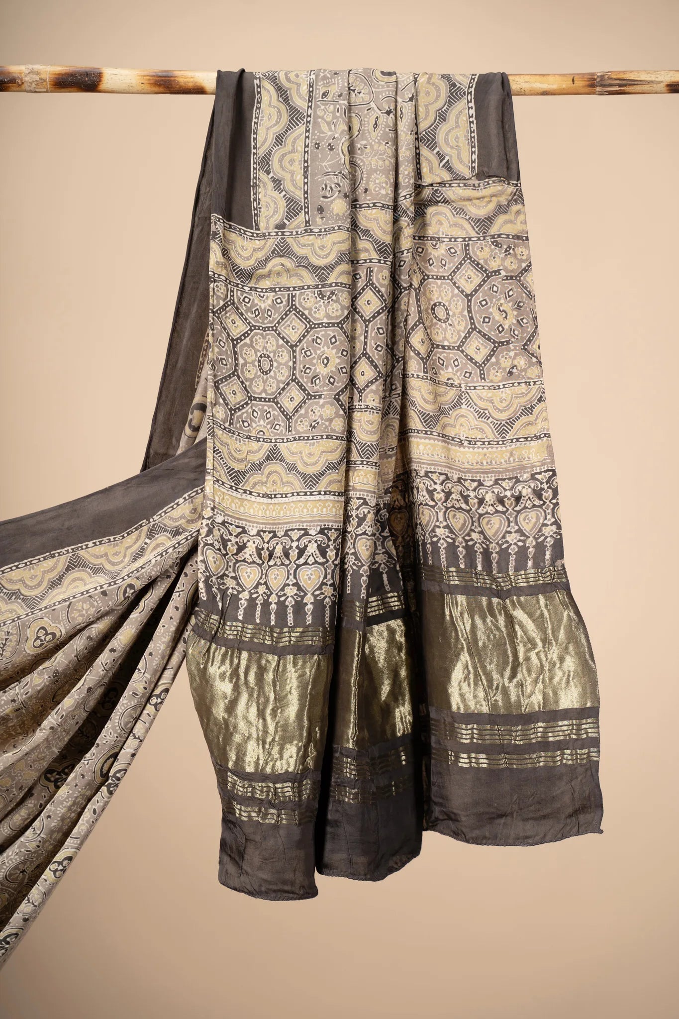 Grey Ajrakh block Print Modal Silk Dupatta With Lagdi Patta - view 3