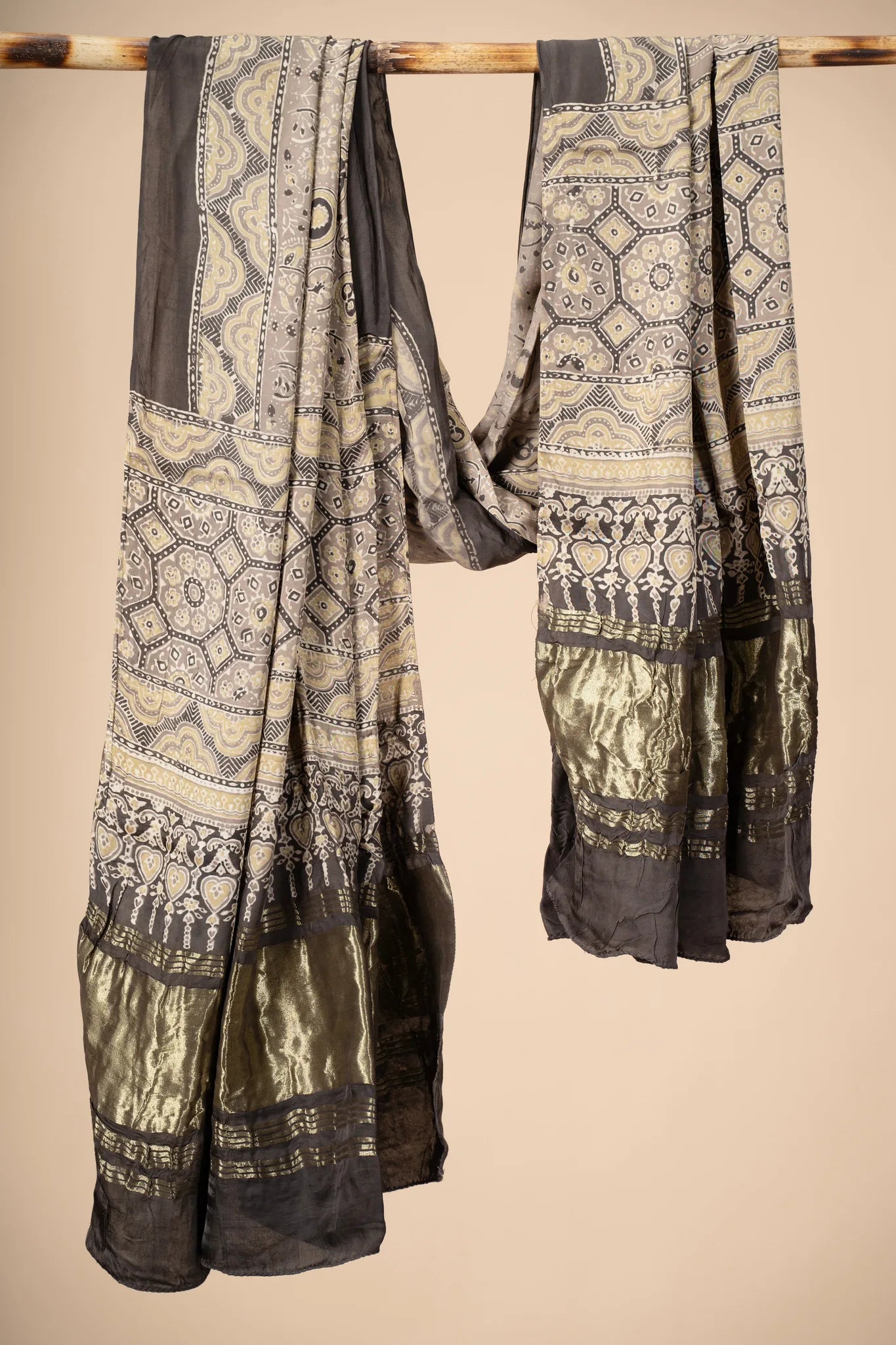 Grey Ajrakh block Print Modal Silk Dupatta With Lagdi Patta