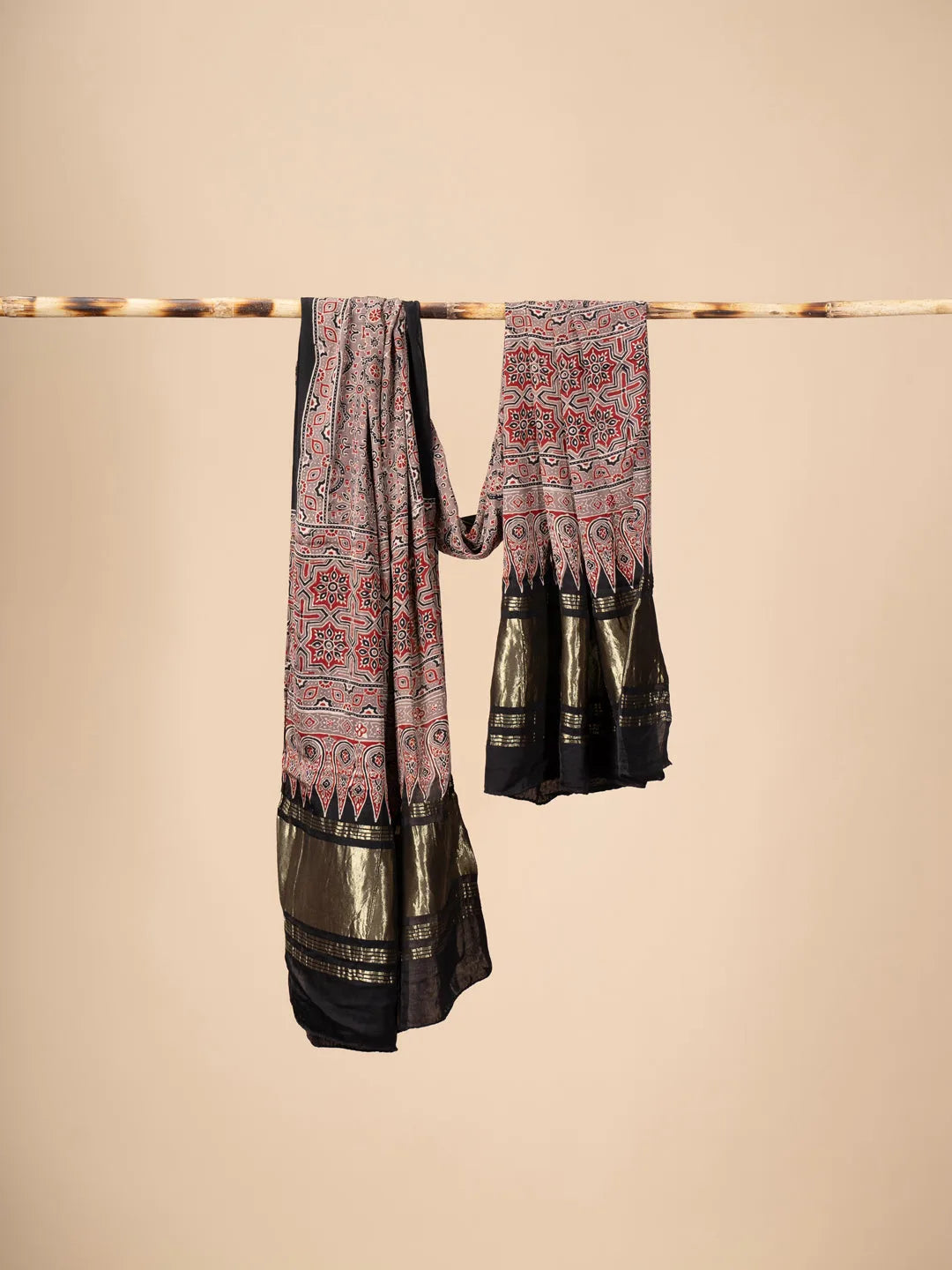 Red and Brown Ajrakh block Print Modal Silk Dupatta With Lagdi Patta - view 2