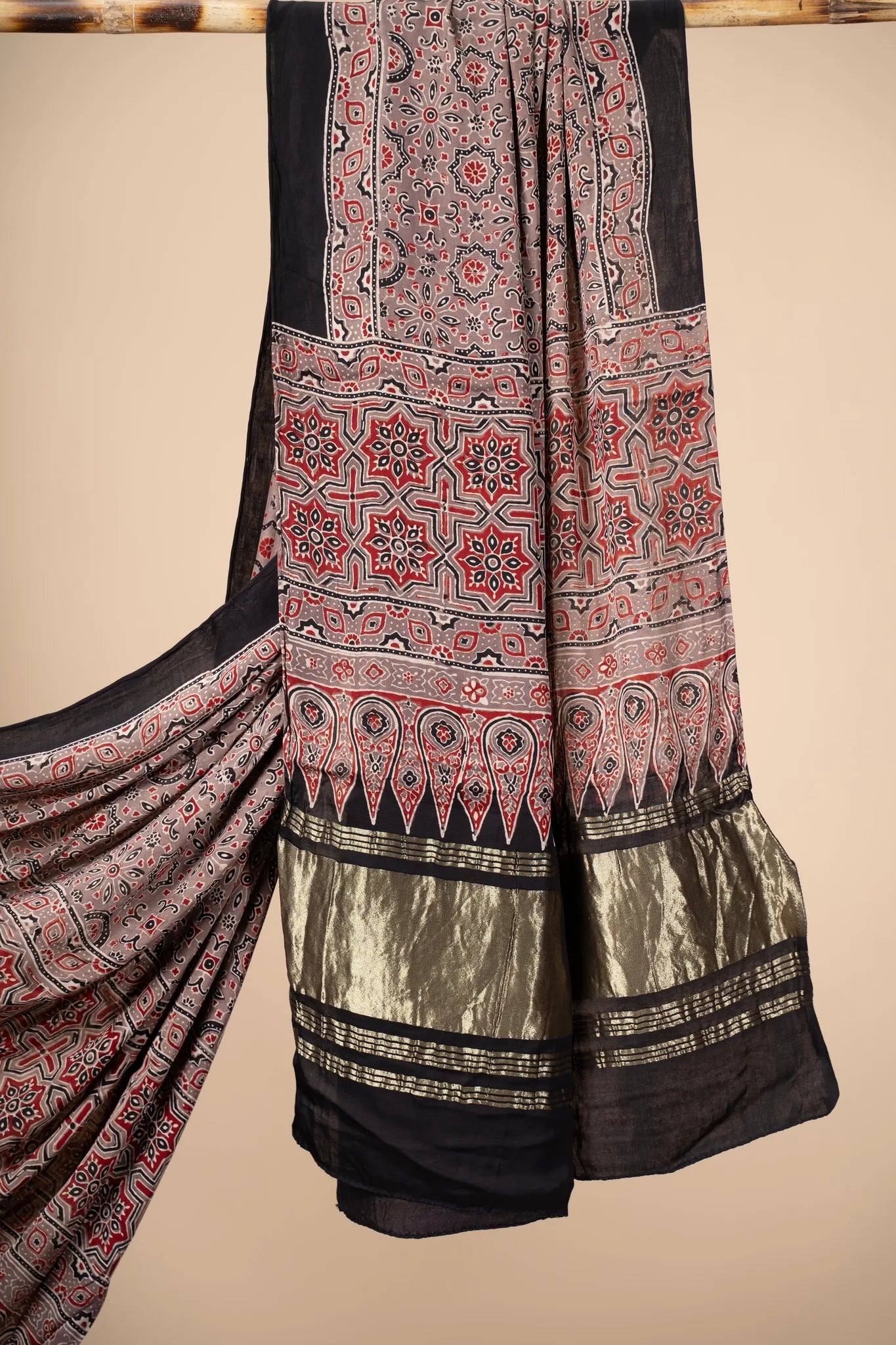 Red and Brown Ajrakh block Print Modal Silk Dupatta With Lagdi Patta - view 3