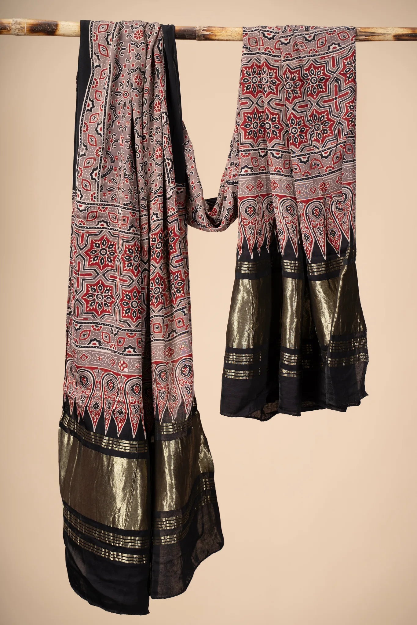 Red and Brown Ajrakh block Print Modal Silk Dupatta With Lagdi Patta