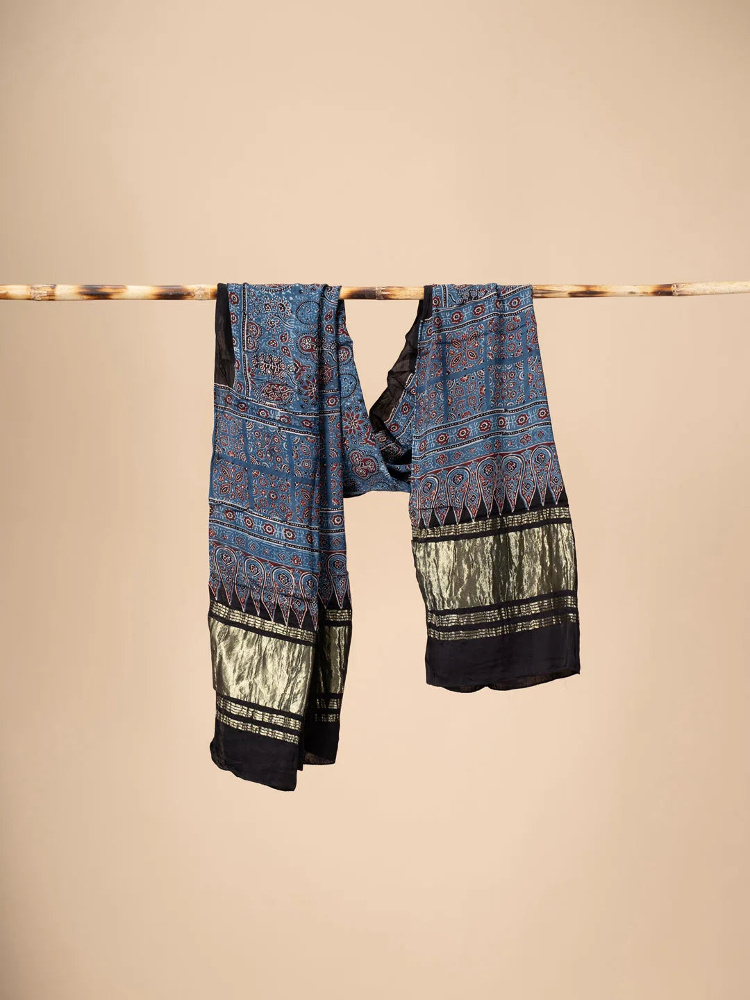 Blue Ajrakh block Print Modal Silk Dupatta With Lagdi Patta - view 2