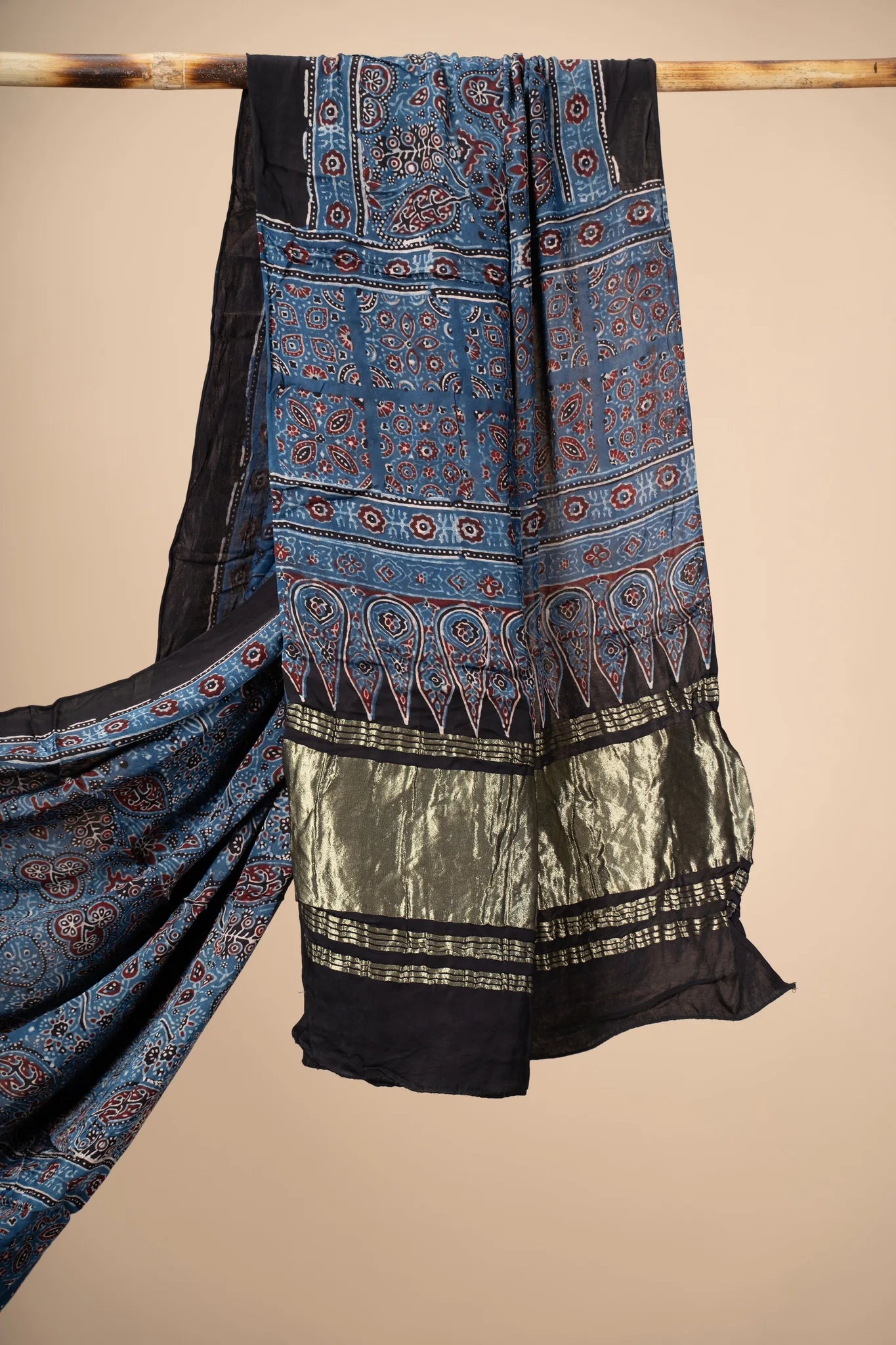 Blue Ajrakh block Print Modal Silk Dupatta With Lagdi Patta - view 3