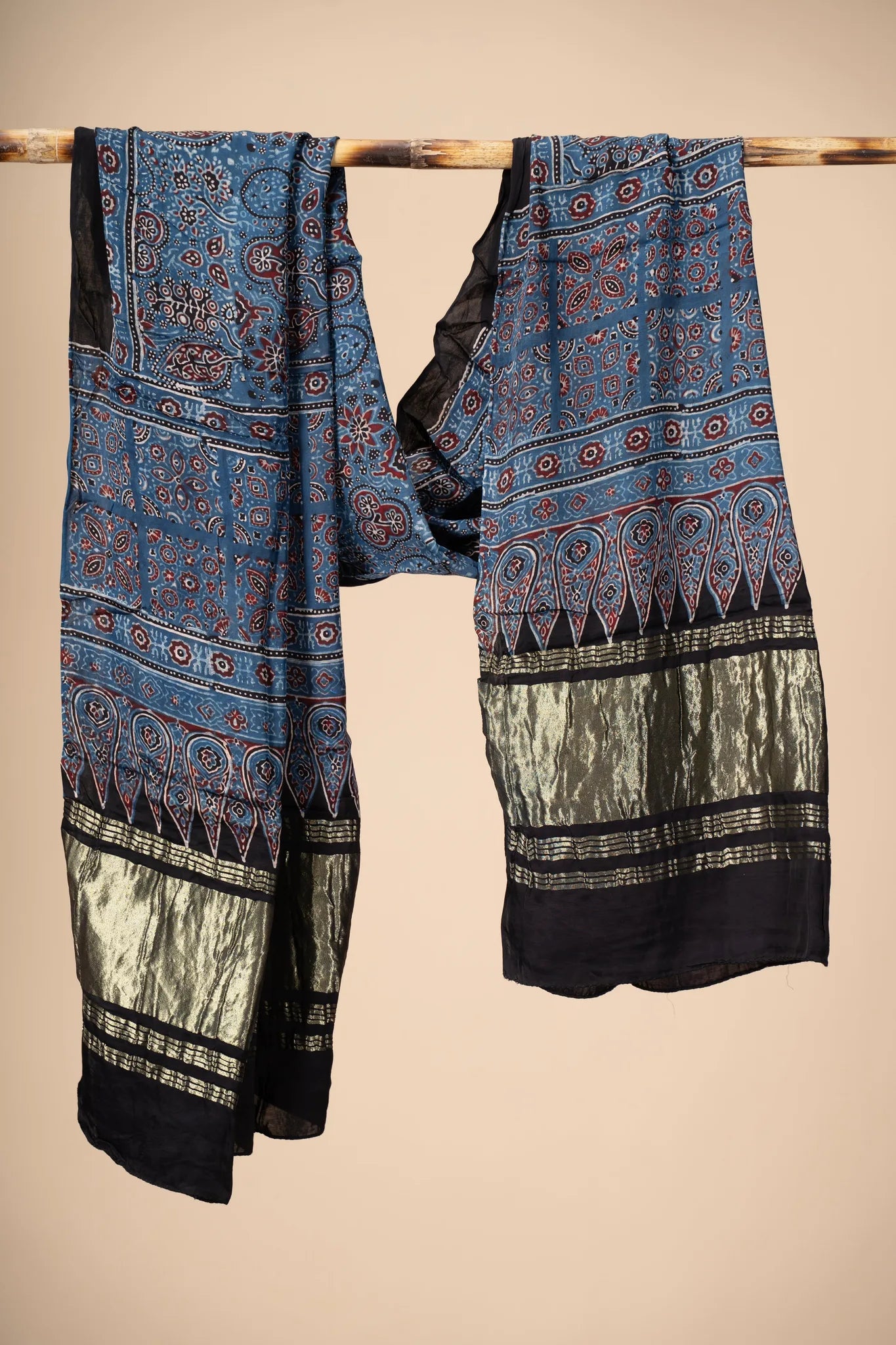 Blue Ajrakh block Print Modal Silk Dupatta With Lagdi Patta
