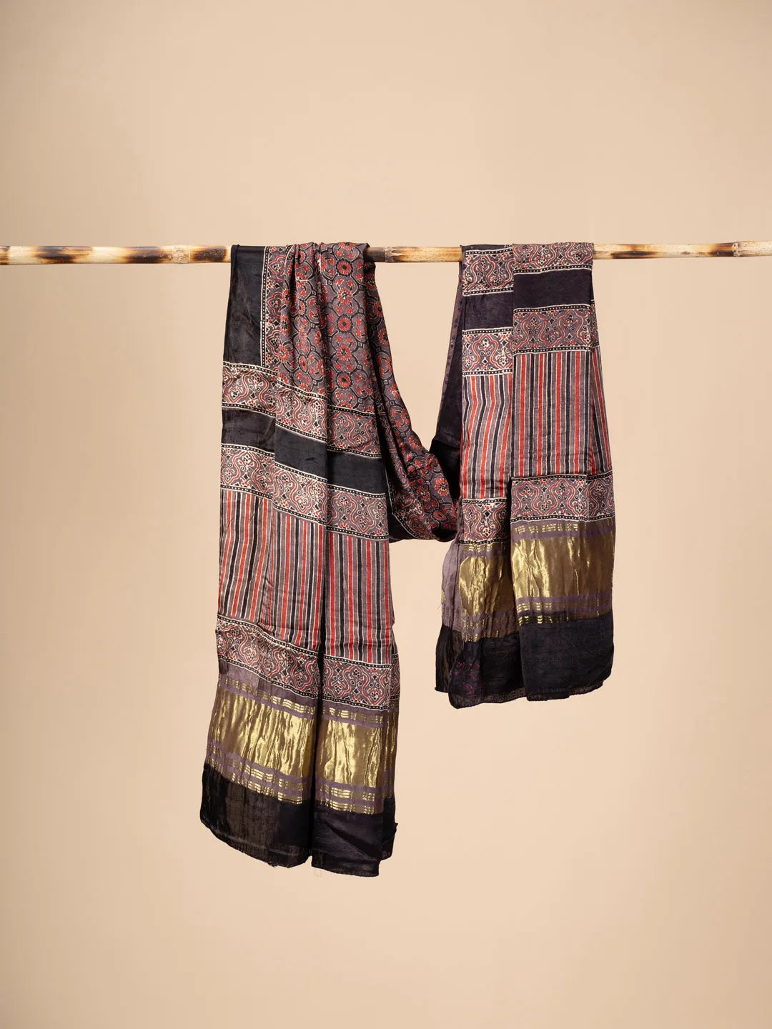 Red and Brown Ajrakh block Print Modal Silk Dupatta With Lagdi Patta - view 2