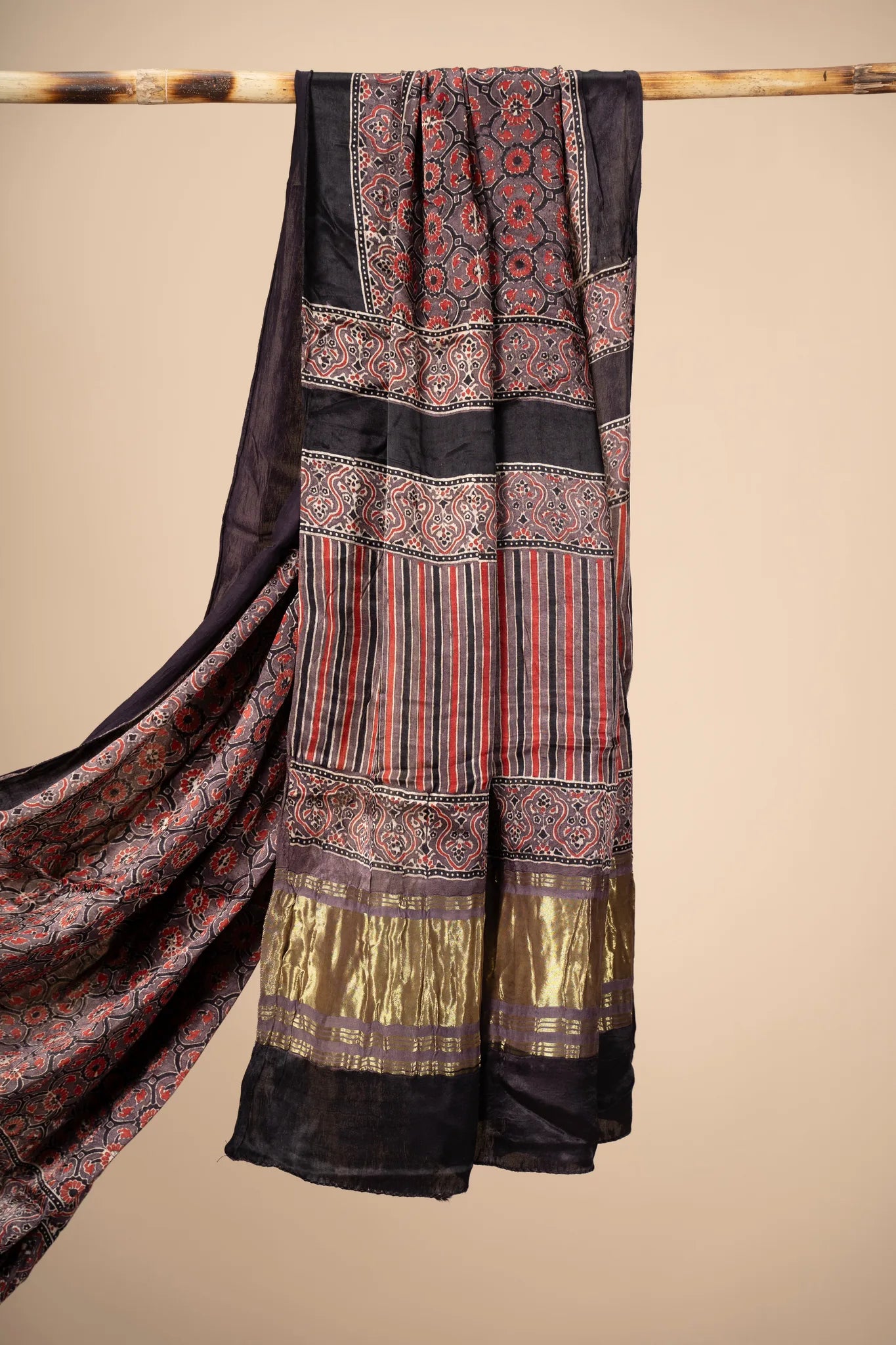 Red and Brown Ajrakh block Print Modal Silk Dupatta With Lagdi Patta - view 3