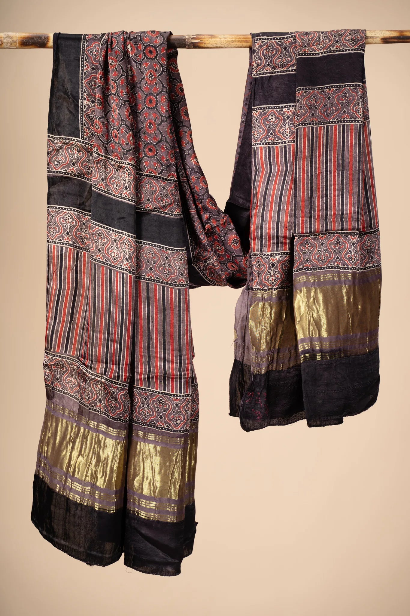 Red and Brown Ajrakh block Print Modal Silk Dupatta With Lagdi Patta