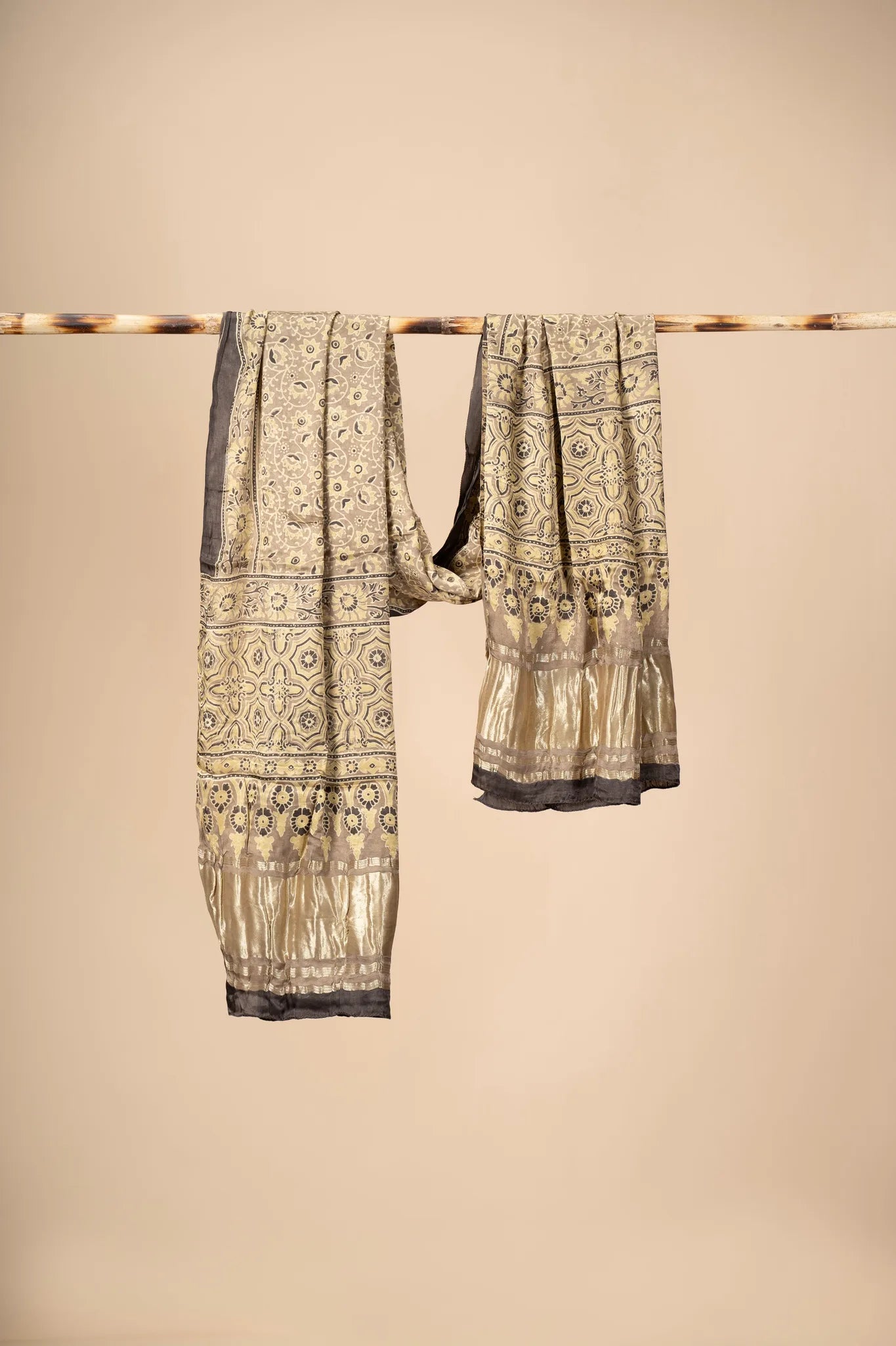 Golden Ajrakh block Print Modal Silk Dupatta With Lagdi Patta - view 2