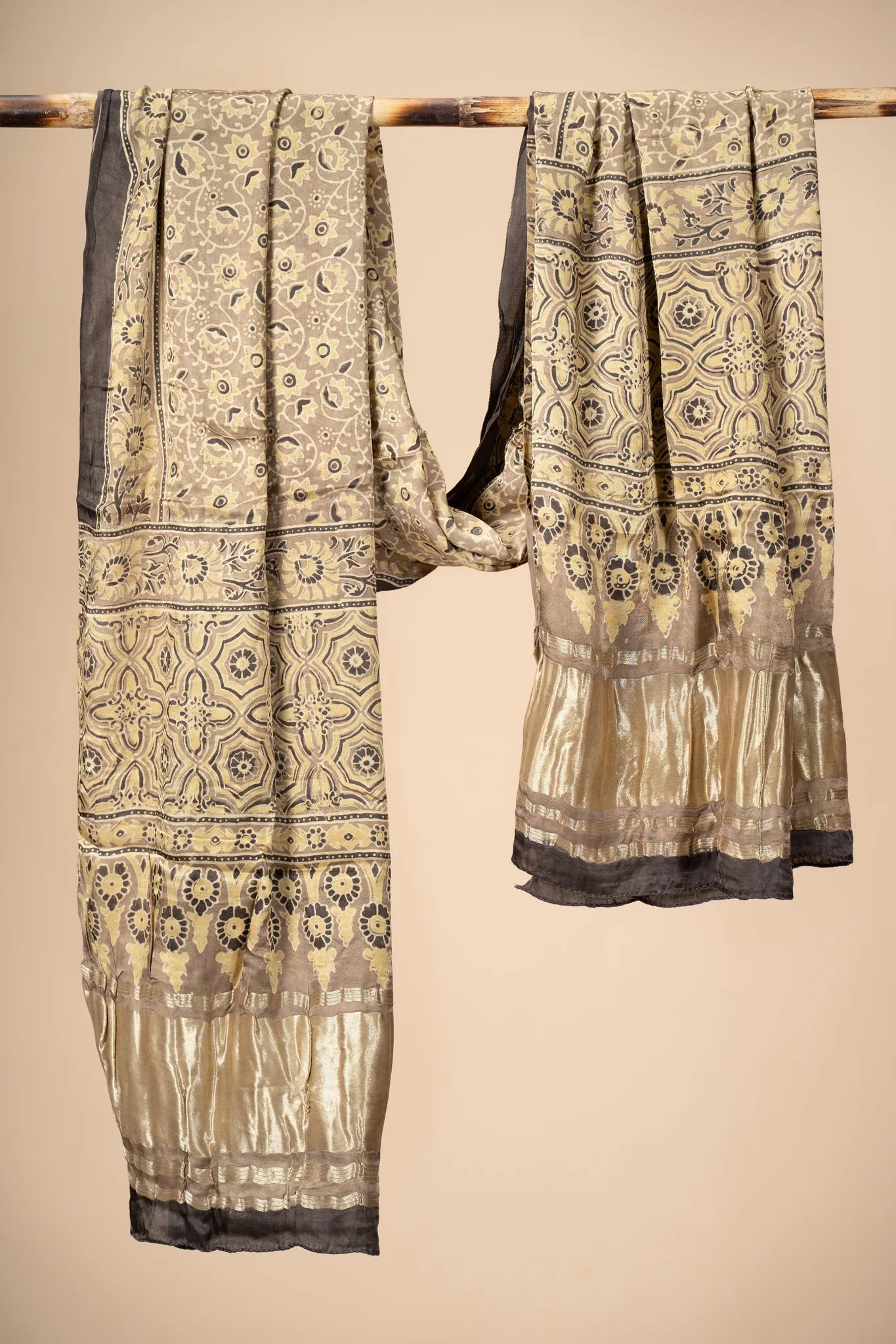 Golden Ajrakh block Print Modal Silk Dupatta With Lagdi Patta