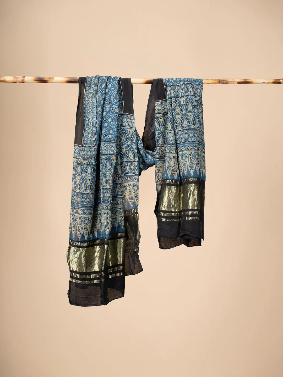 Blue Ajrakh block Print Modal Silk Dupatta With Lagdi Patta - view 2