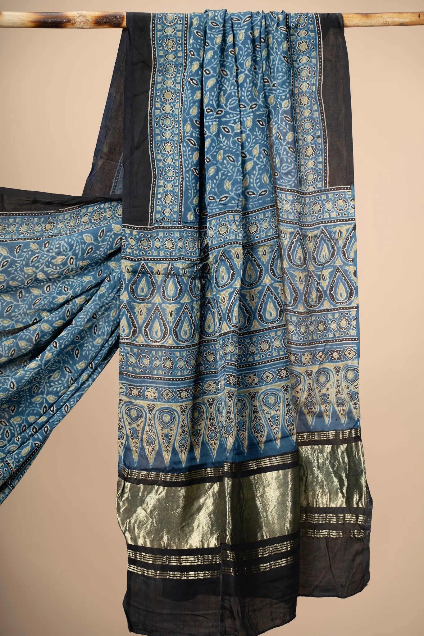 Blue Ajrakh block Print Modal Silk Dupatta With Lagdi Patta - view 3