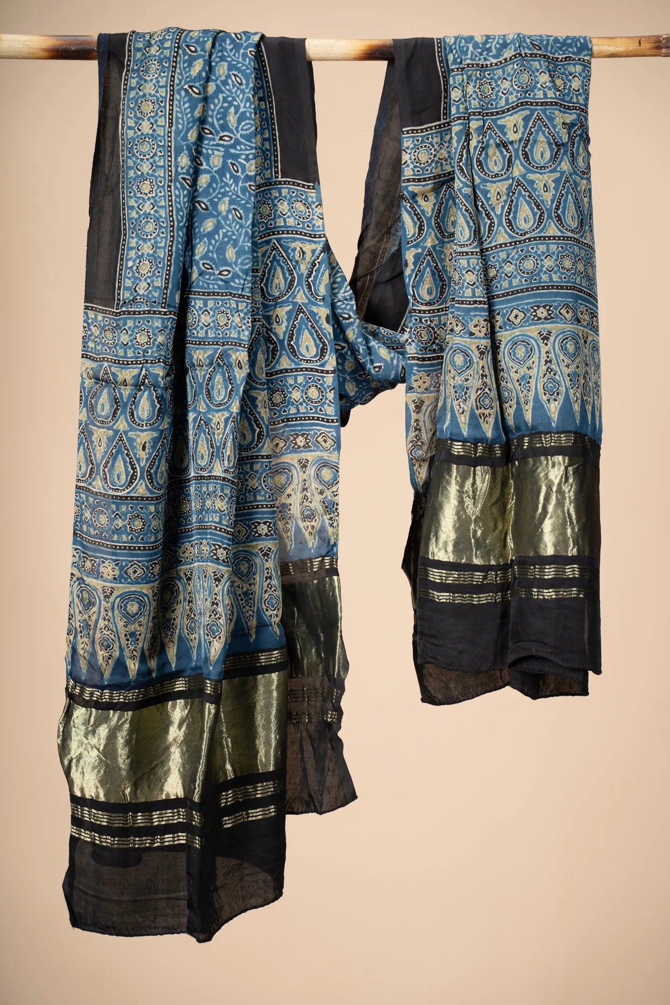 Blue Ajrakh block Print Modal Silk Dupatta With Lagdi Patta