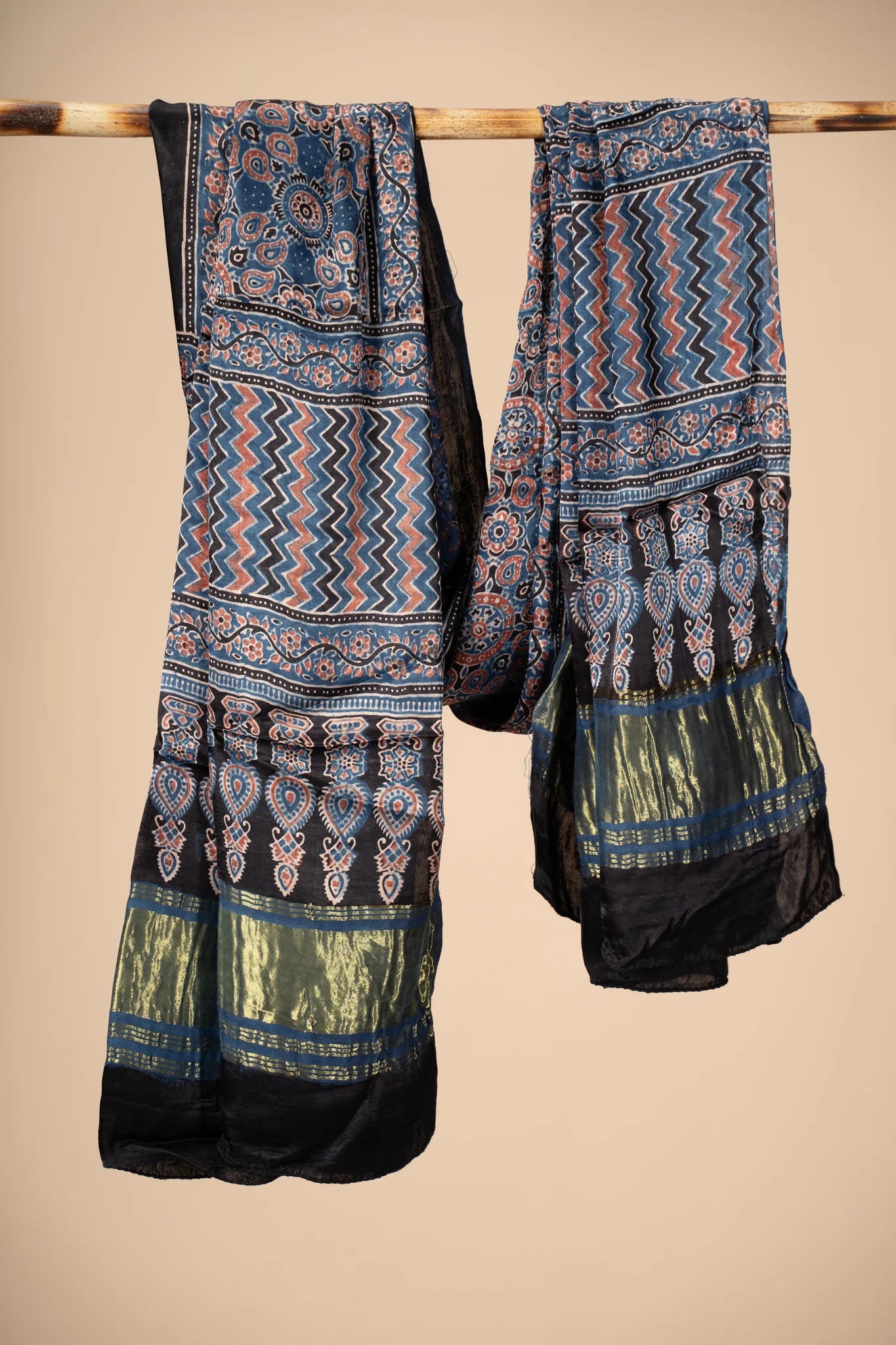 Blue Ajrakh block Print Modal Silk Dupatta With Lagdi Patta