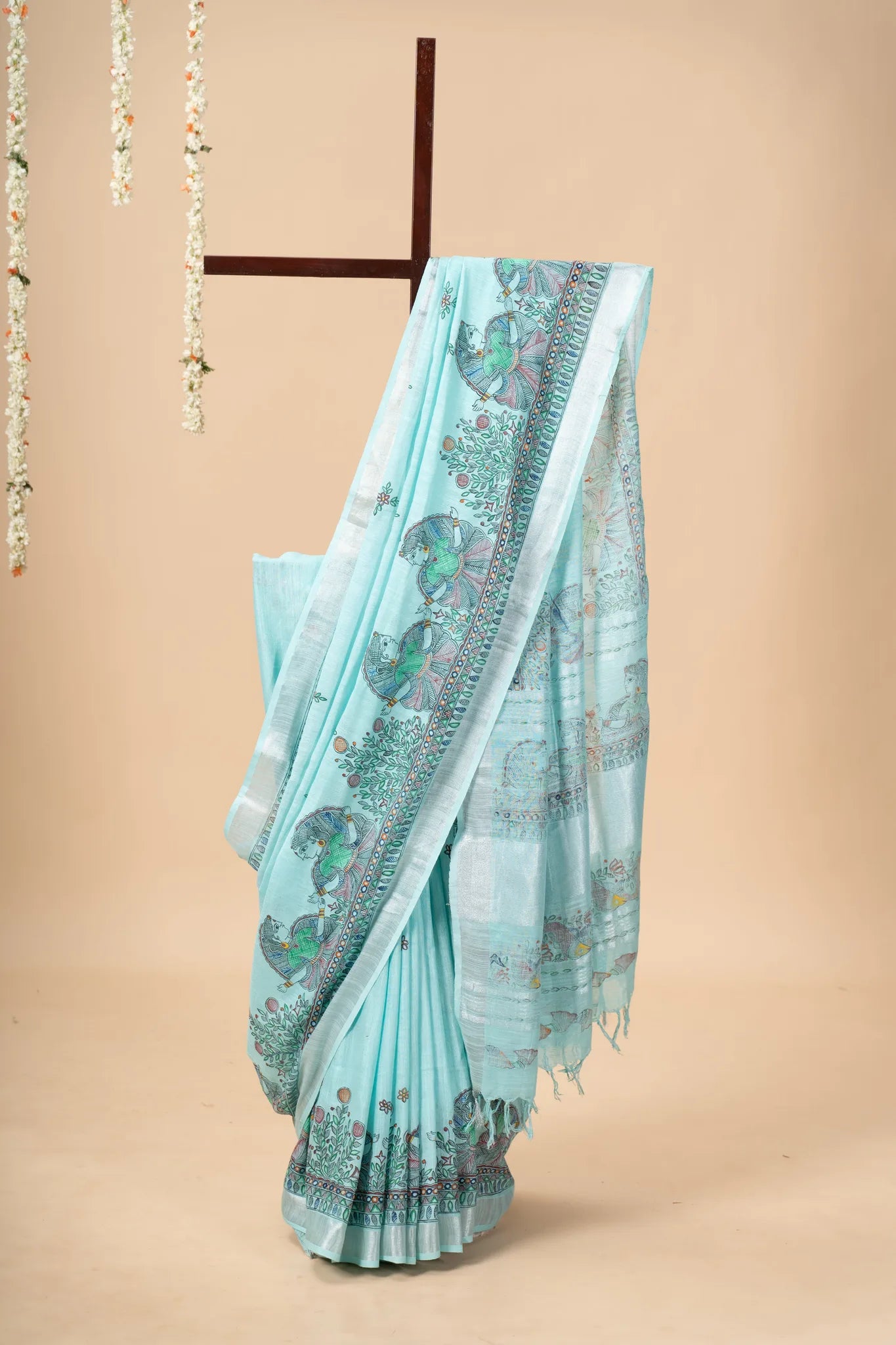 Aqua Blue Hand-Painted Madhubani Linen Saree - view 2