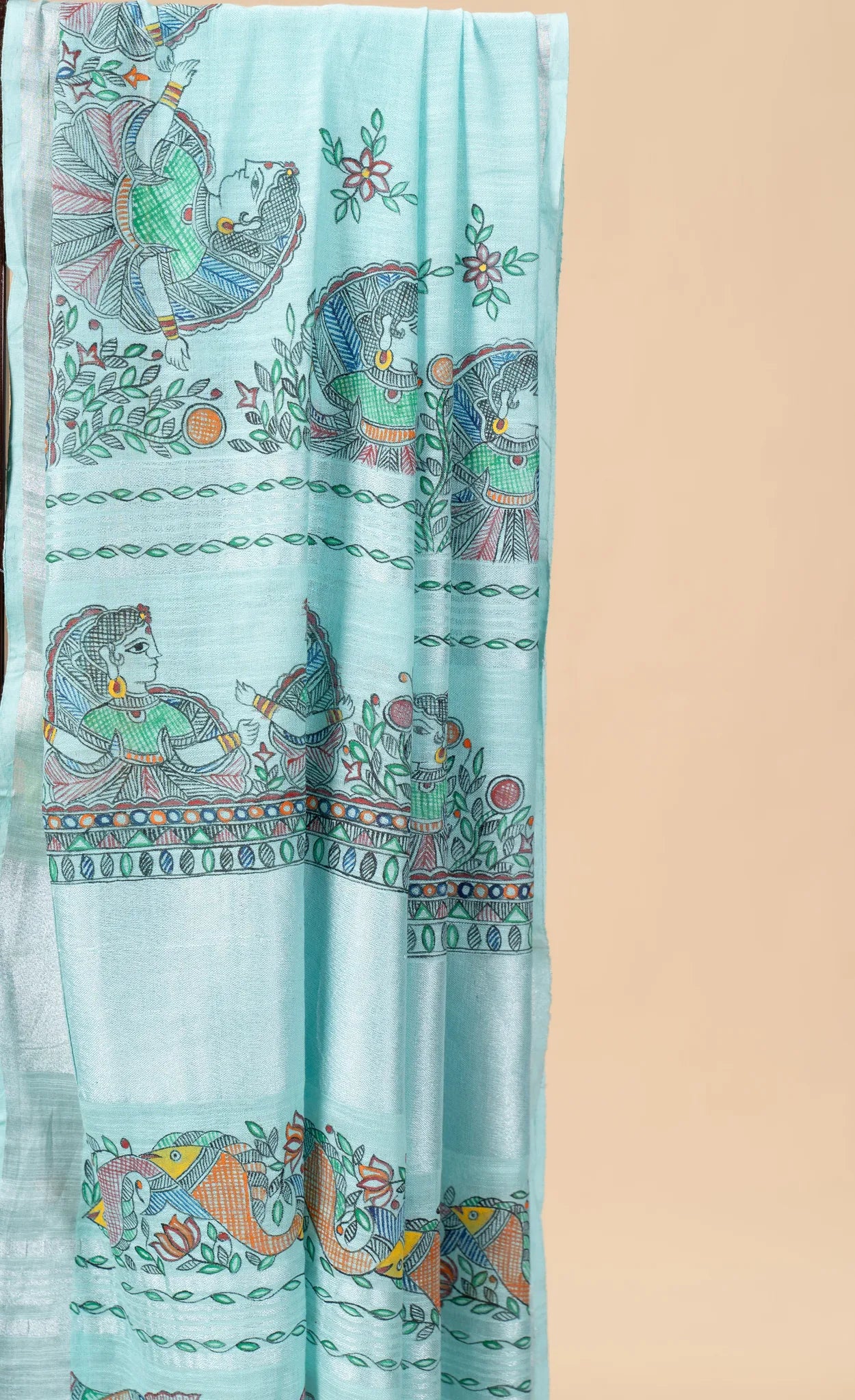 Aqua Blue Hand-Painted Madhubani Linen Saree - view 3