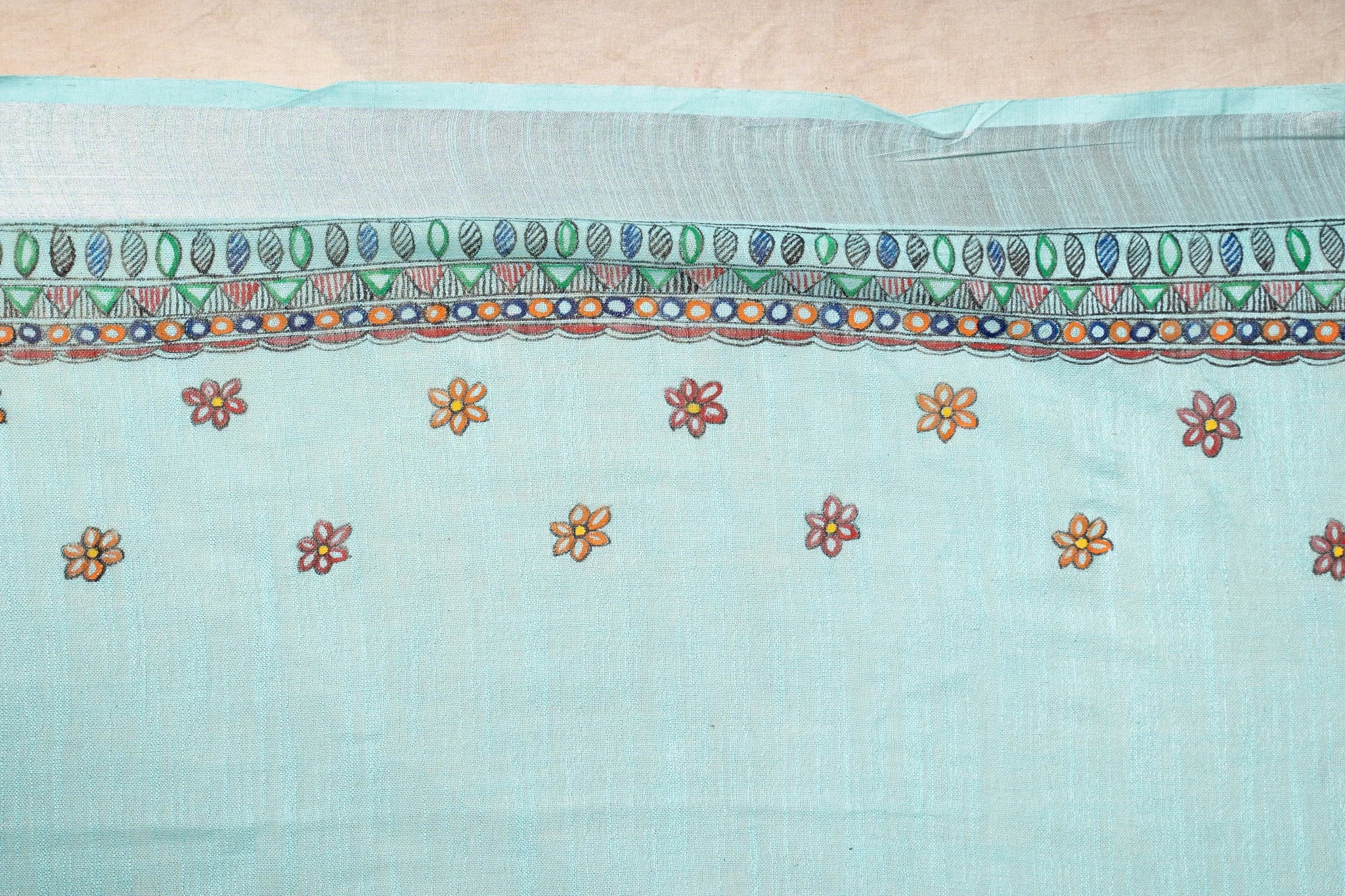 Aqua Blue Hand-Painted Madhubani Linen Saree - view 4