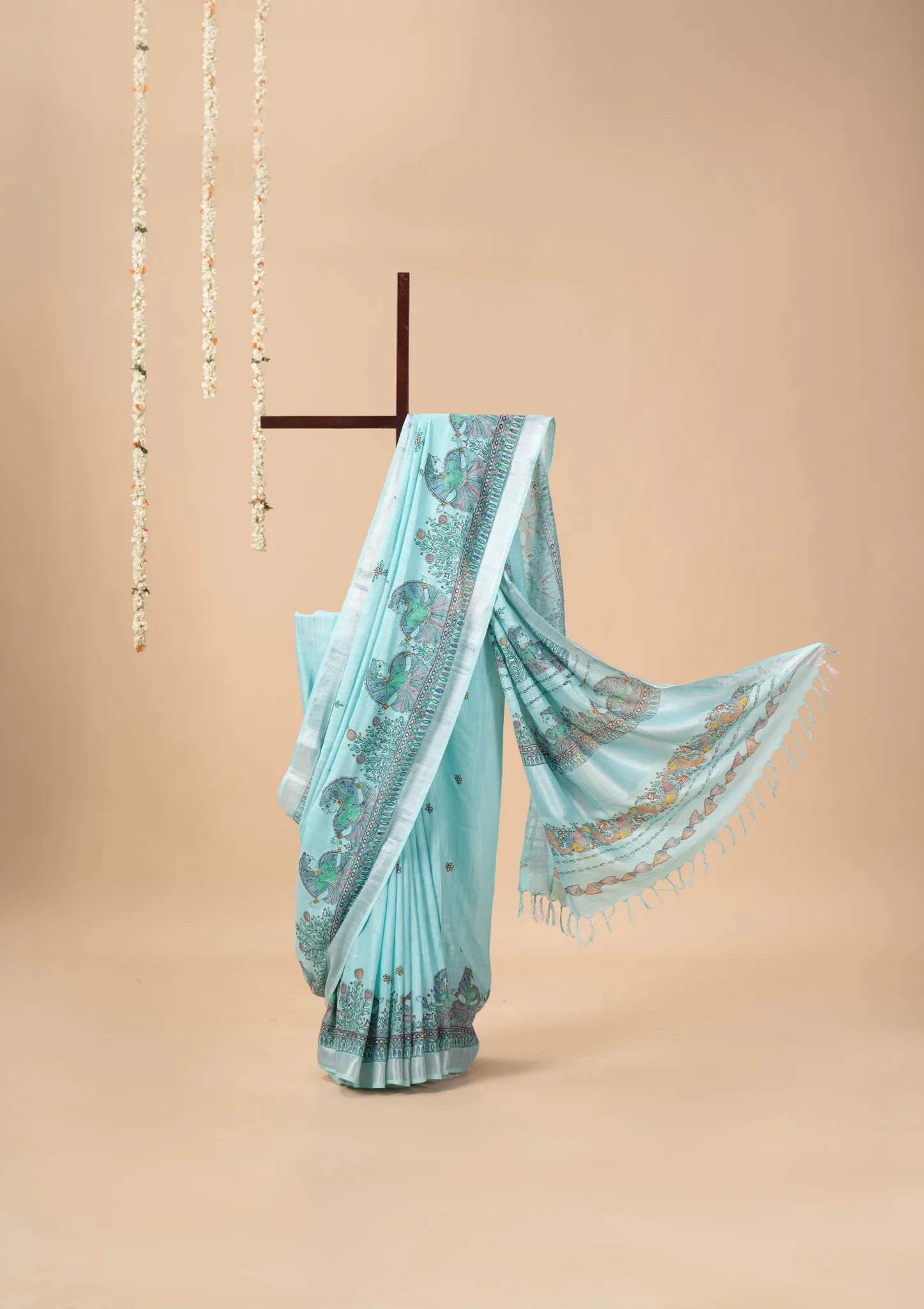 Aqua Blue Hand-Painted Madhubani Linen Saree