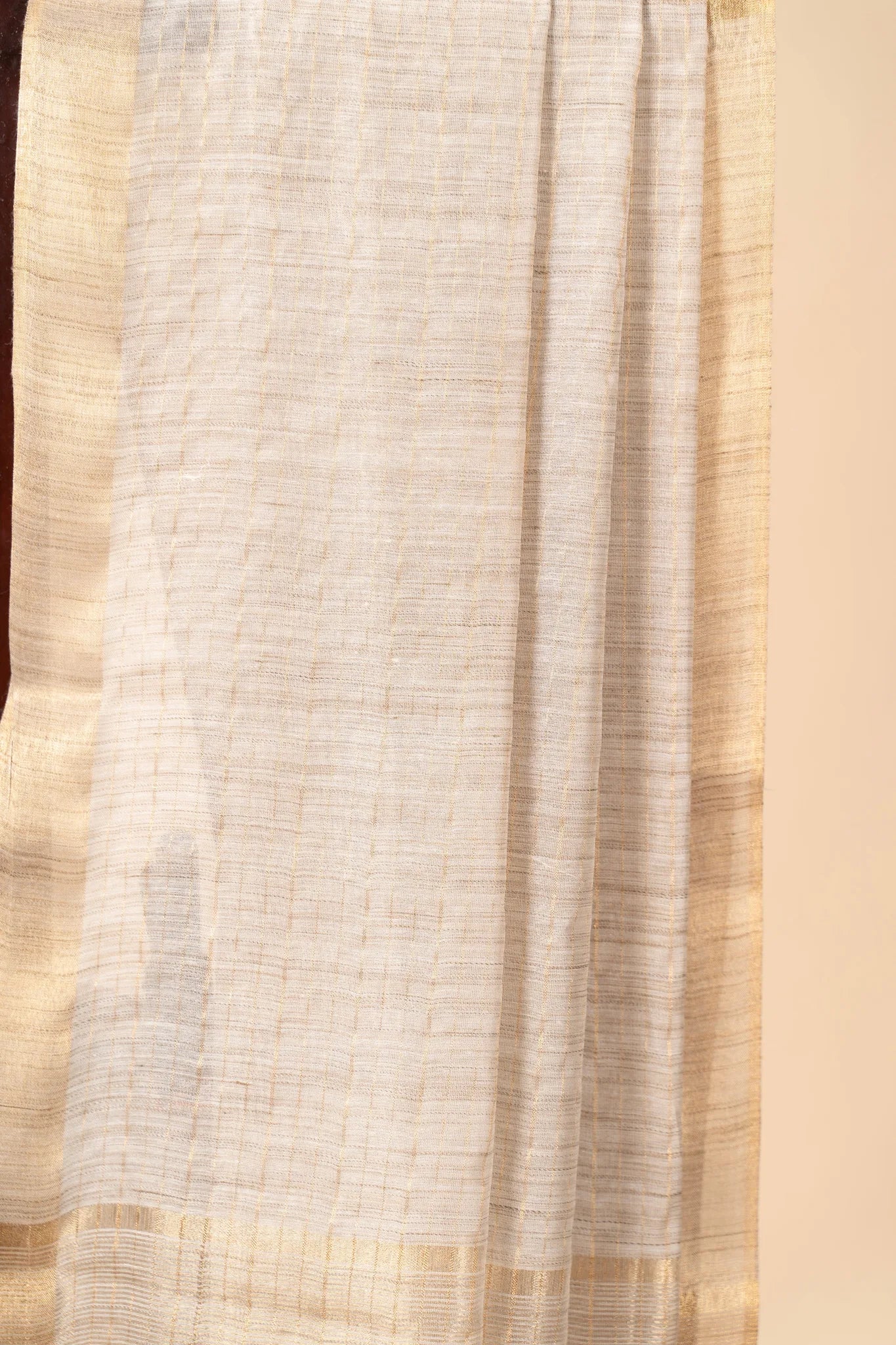 Beige Check Patterned Semi Tussar Silk Saree With Golden Zari - view 3