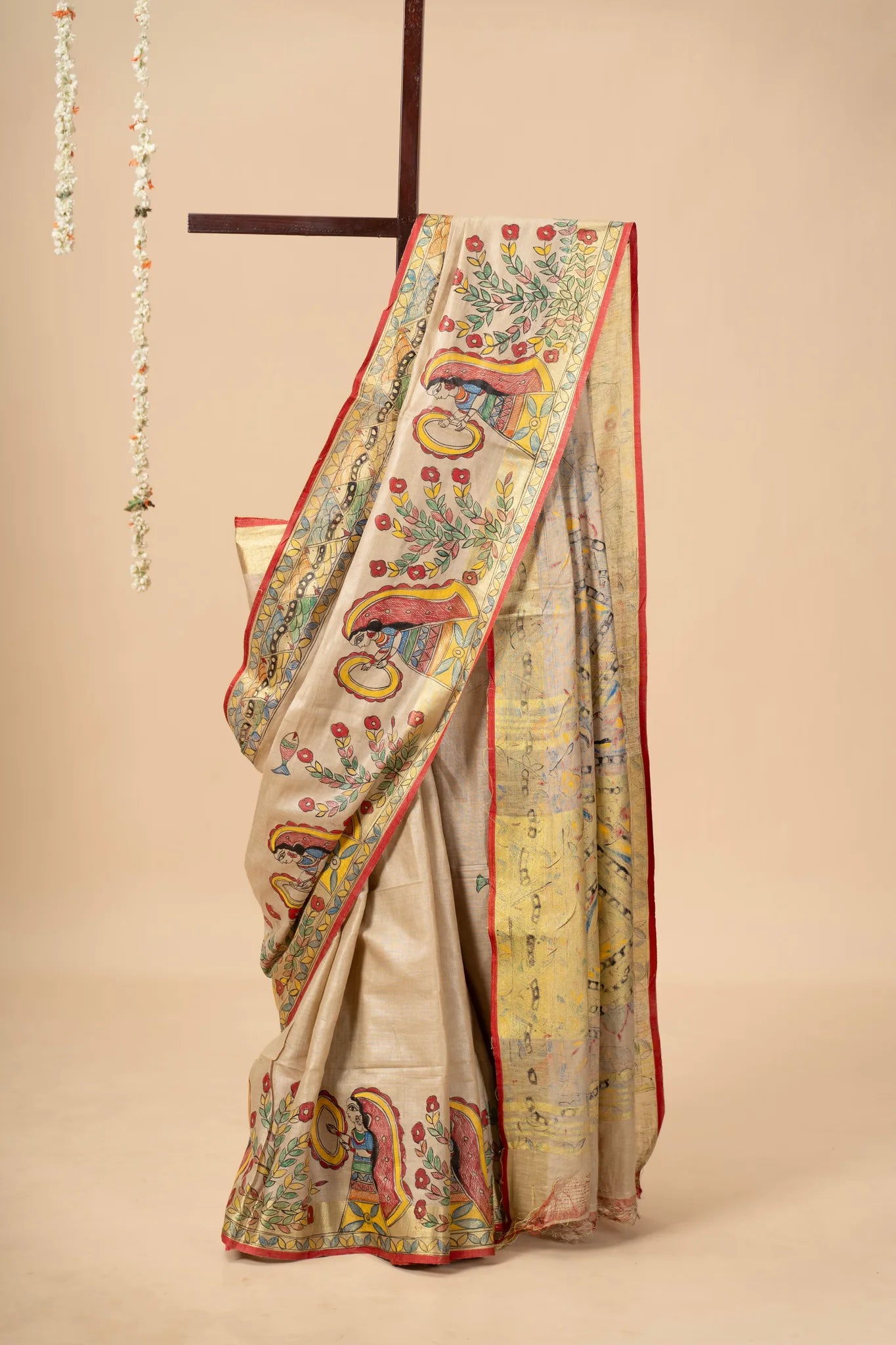 Beige Hand-Painted Madhubani Linen Saree - view 2