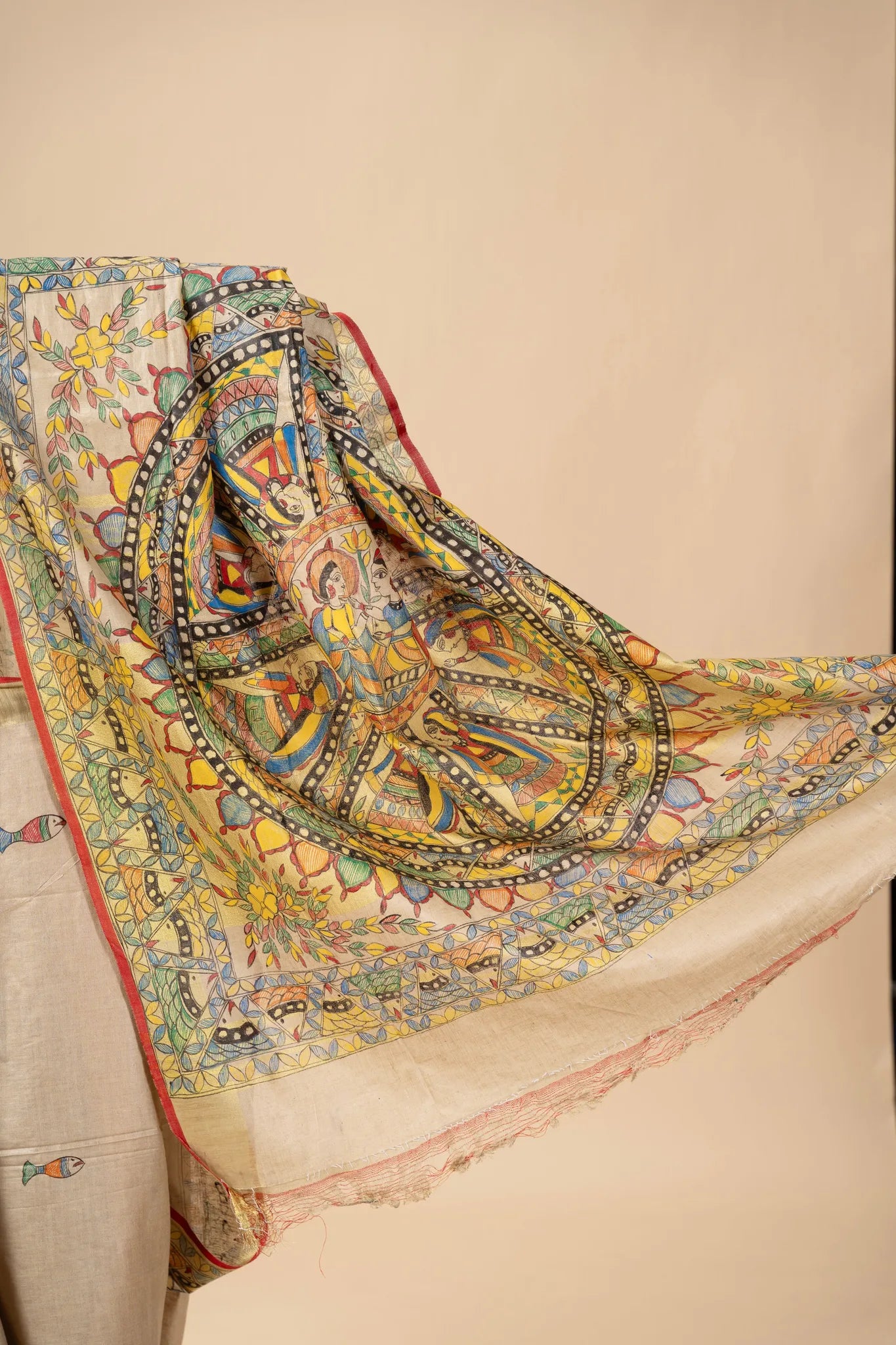 Beige Hand-Painted Madhubani Linen Saree - view 3