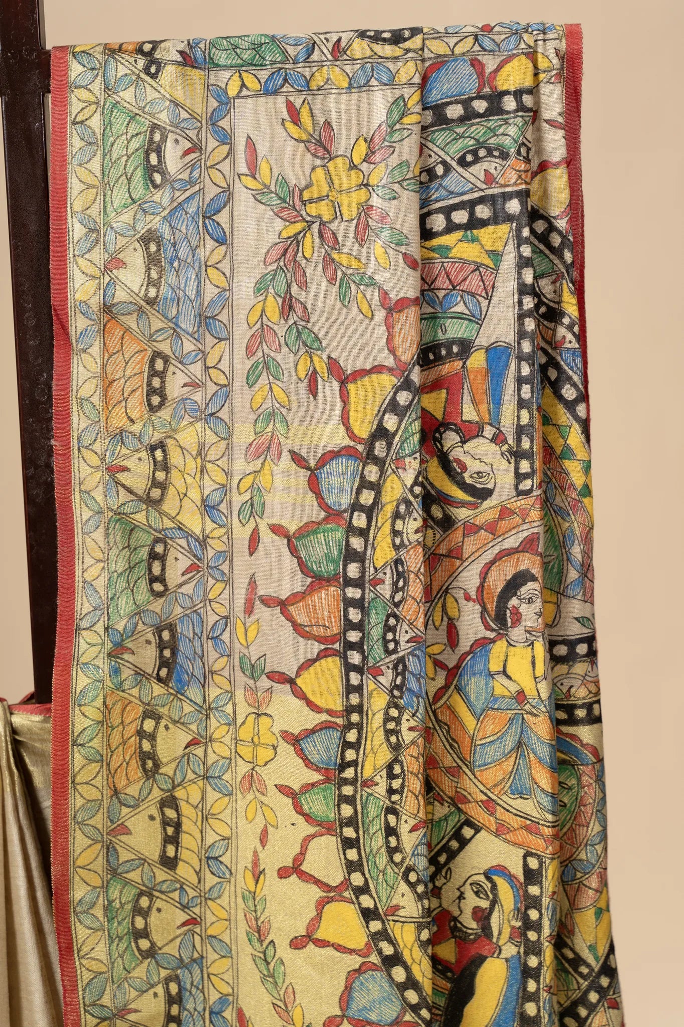 Beige Hand-Painted Madhubani Linen Saree - view 4
