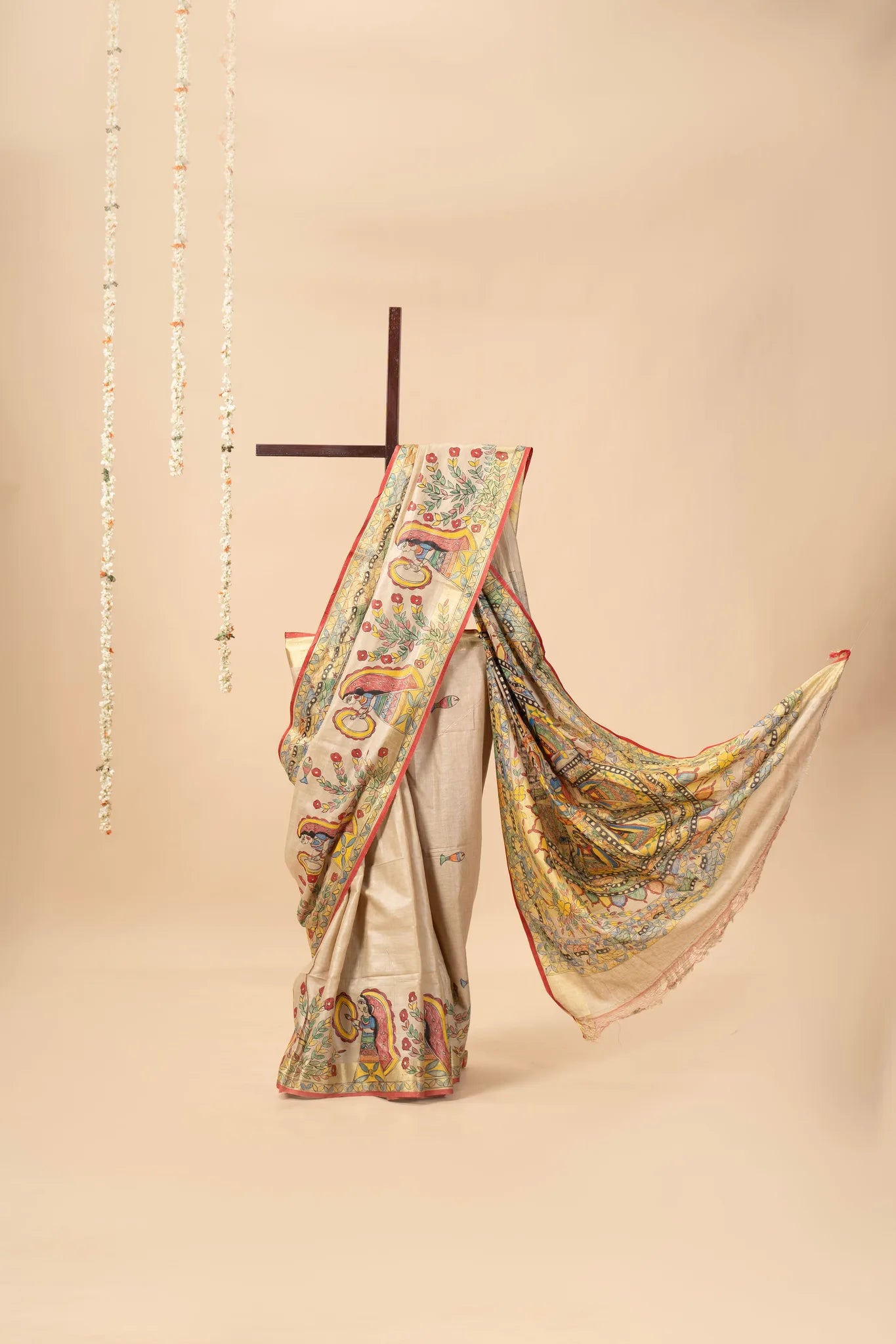 Beige Hand-Painted Madhubani Linen Saree