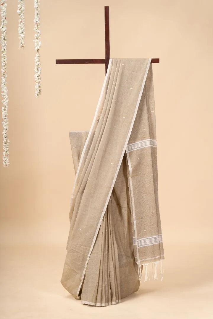Beige Handwoven Bengal Cotton Saree - view 2