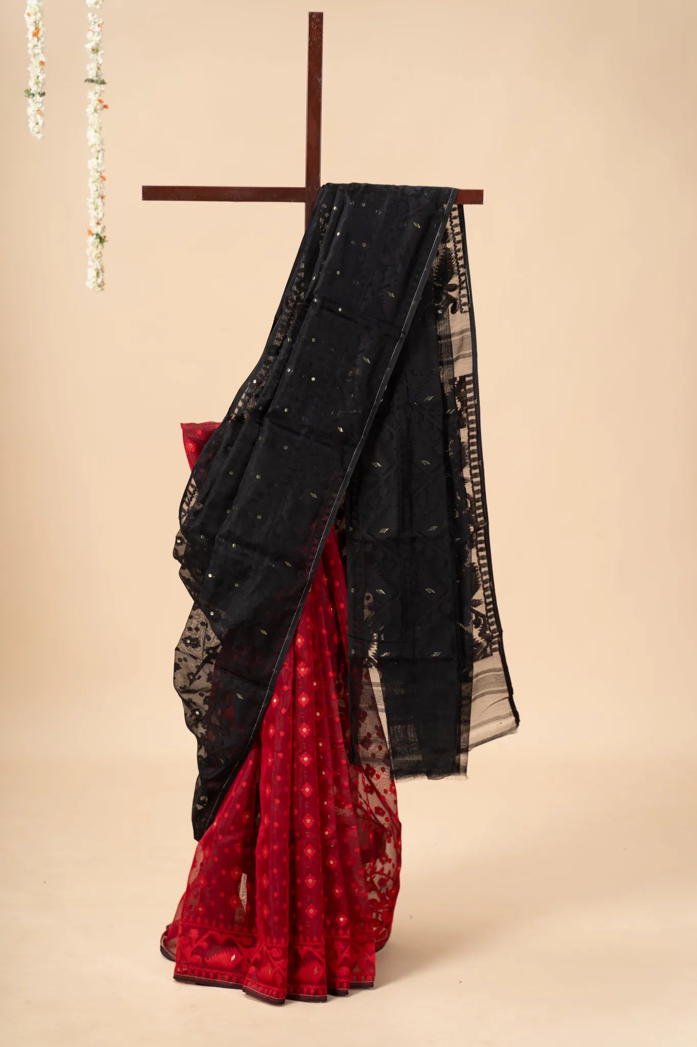 Black and Red Half n Half Saree with Golden Zari - view 2
