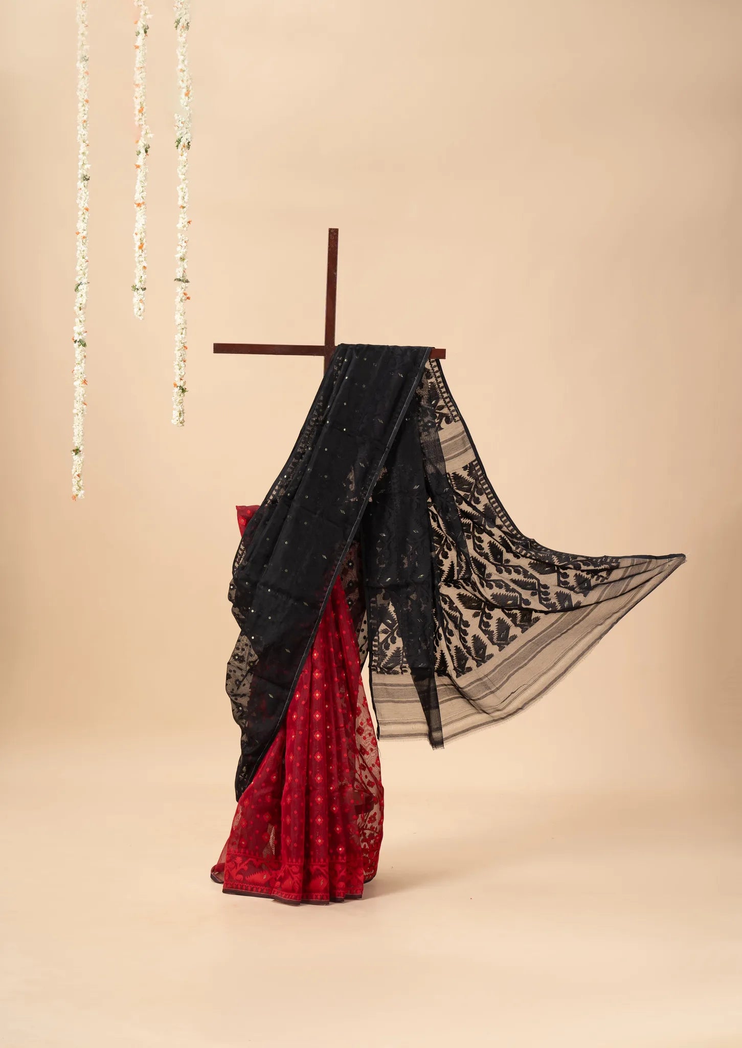 Black and Red Half n Half Saree with Golden Zari