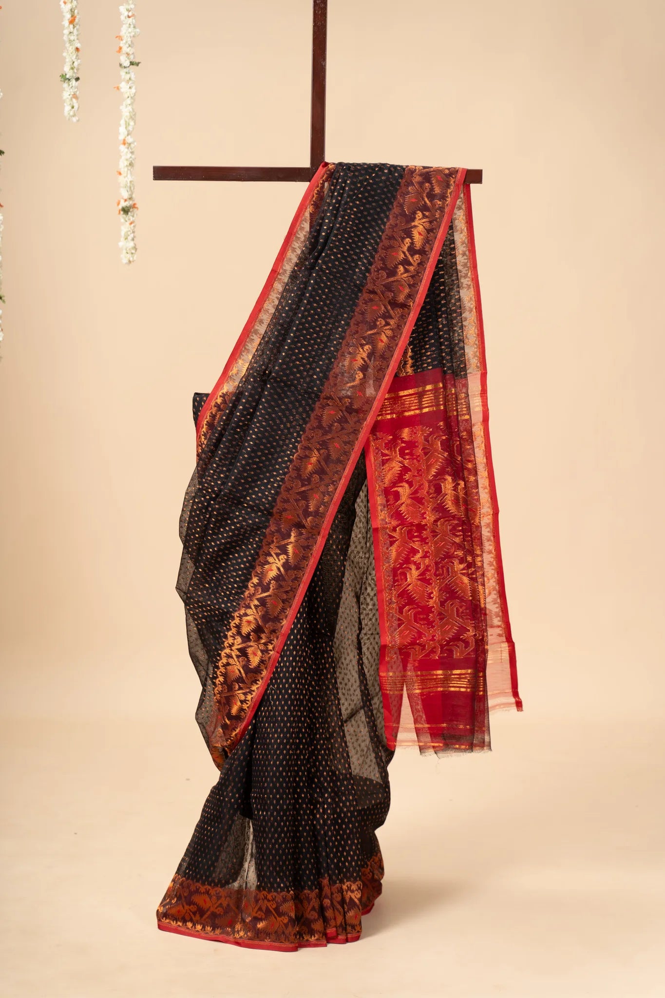Black and Red Pallu with Copper Zari Dhakai Jamdani Saree - view 2