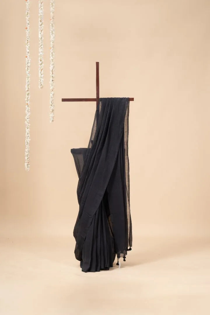 Black Handloom Mul Cotton Saree