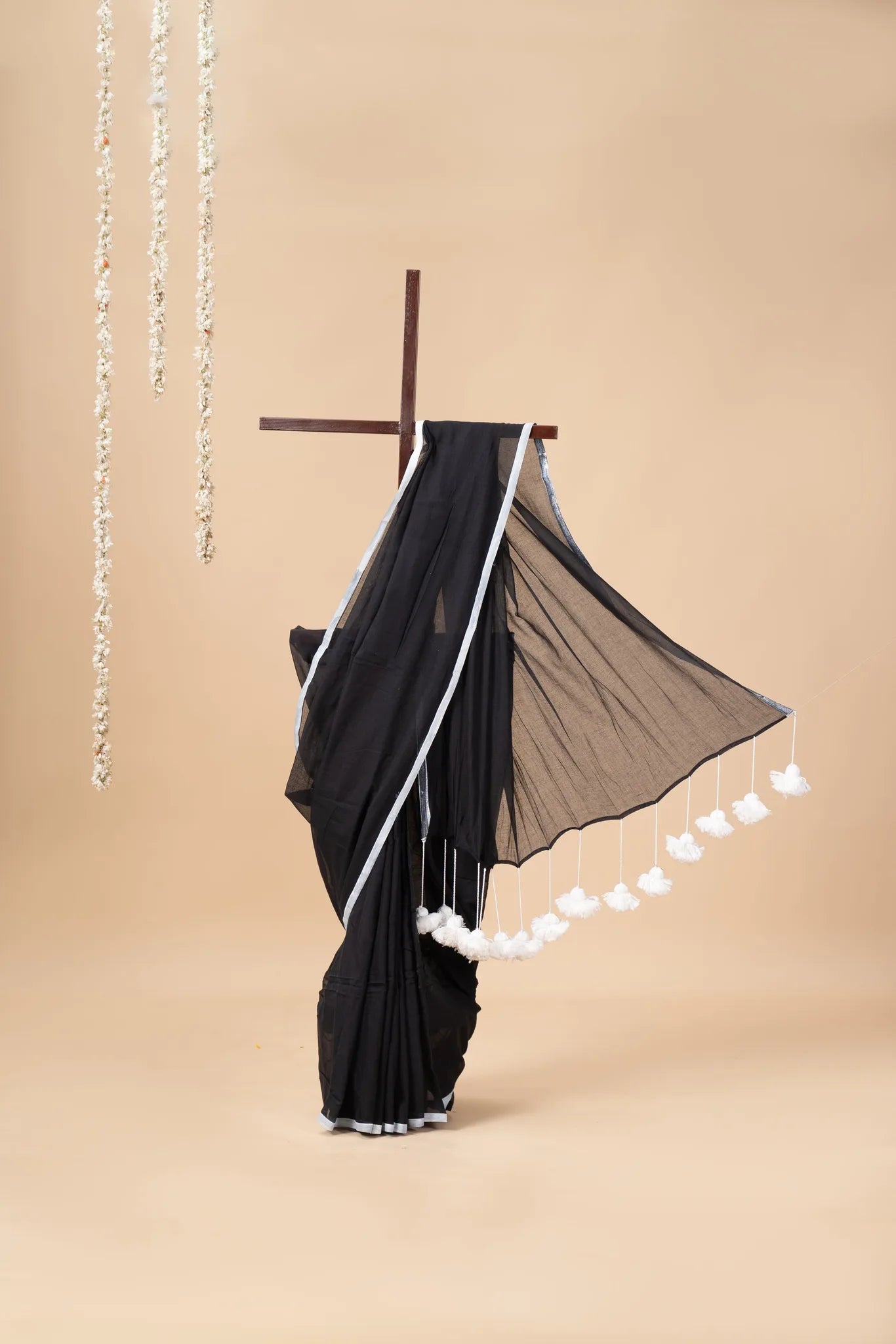 Black Mul Cotton Saree with White Pom Pom - view 2