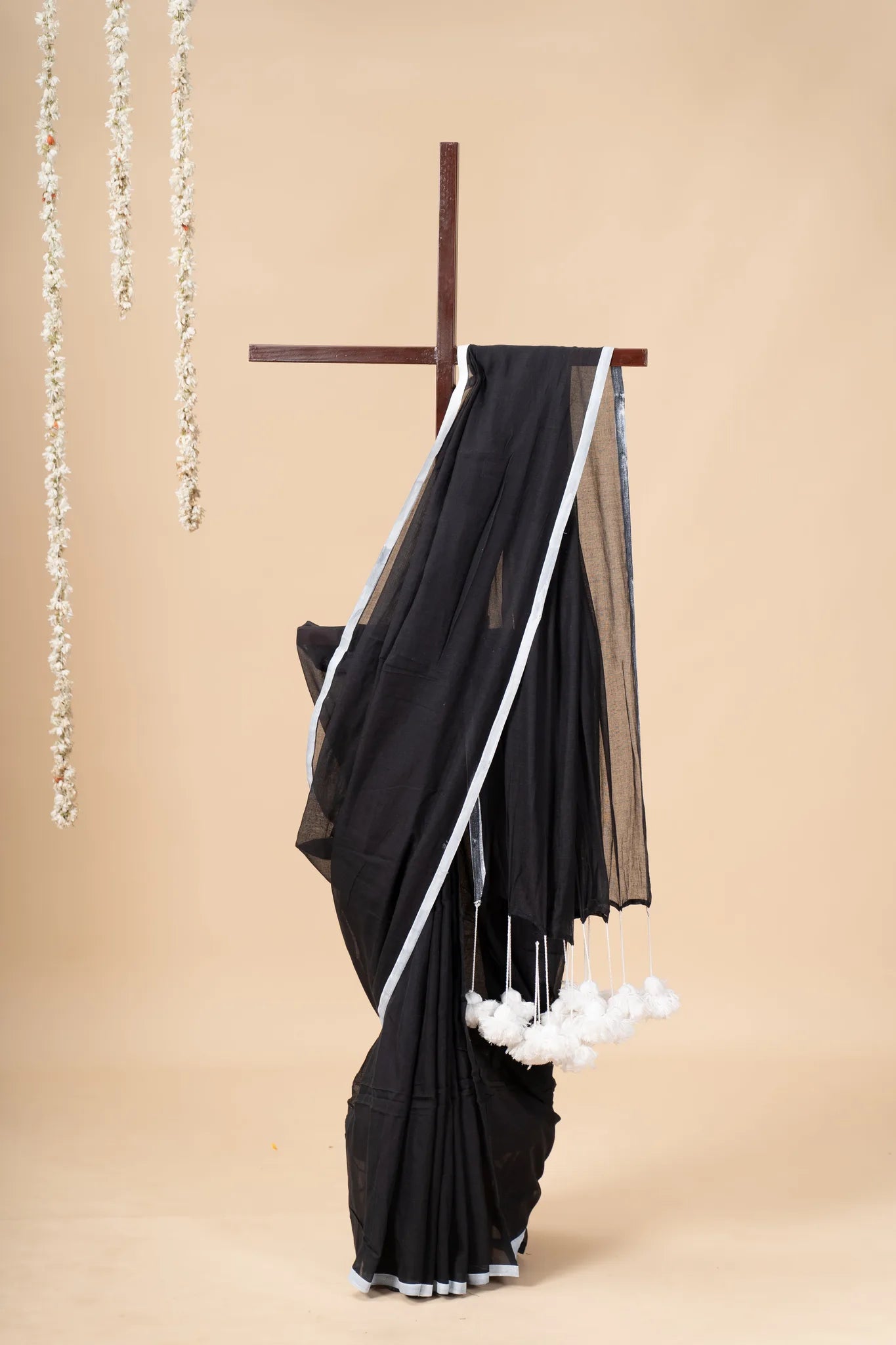 Black Mul Cotton Saree with White Pom Pom