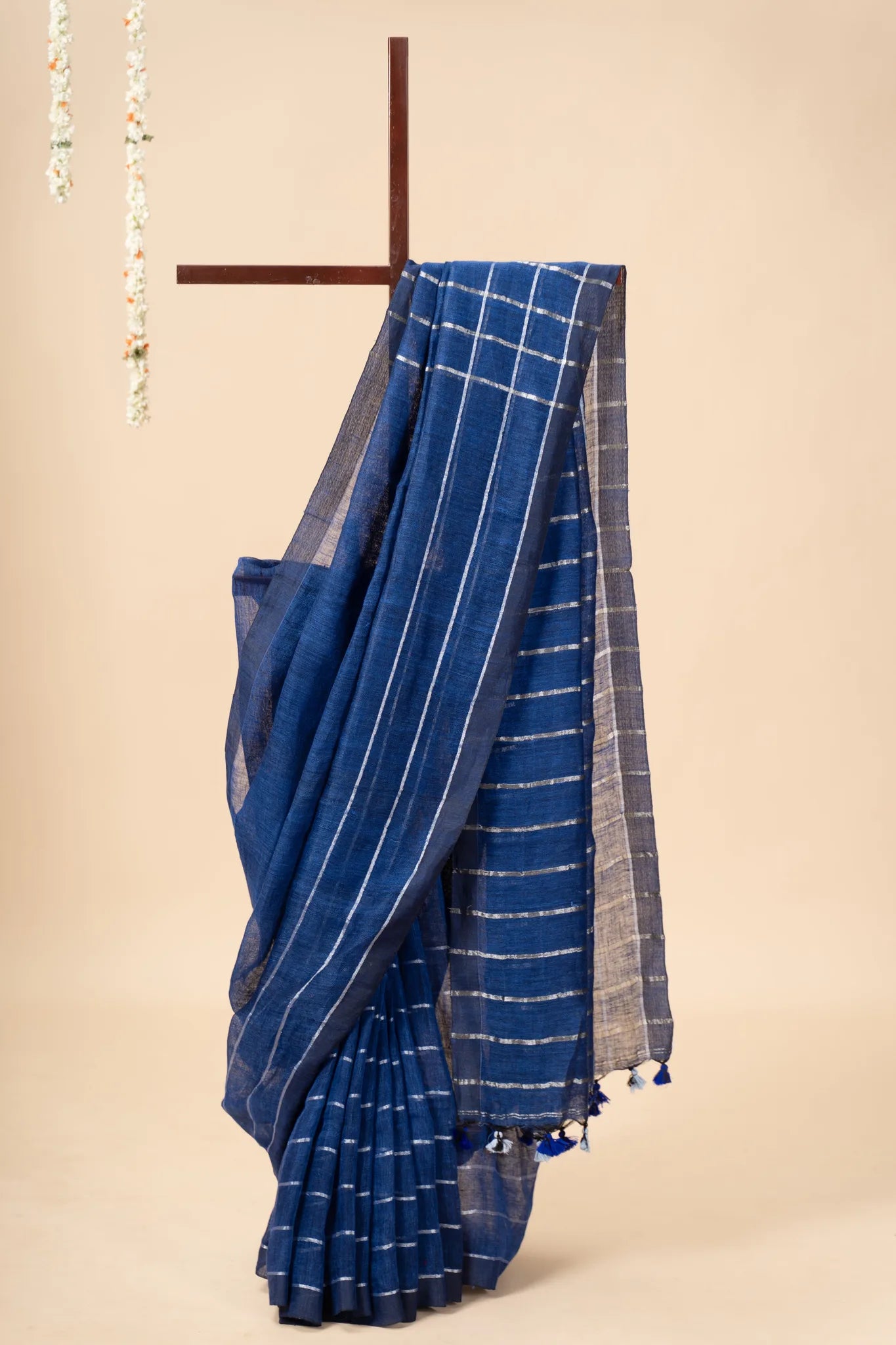 Blue Linen Saree with Silver Stripes - view 2