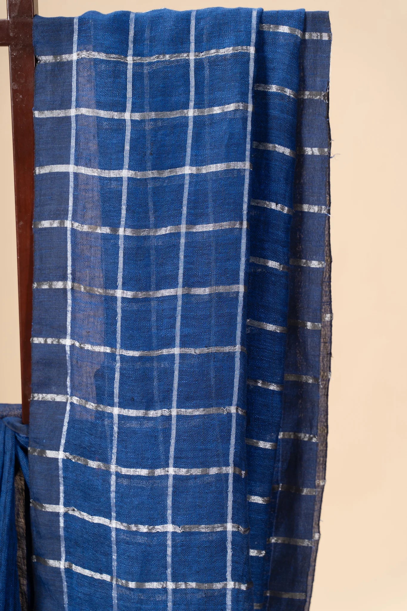 Blue Linen Saree with Silver Stripes - view 3