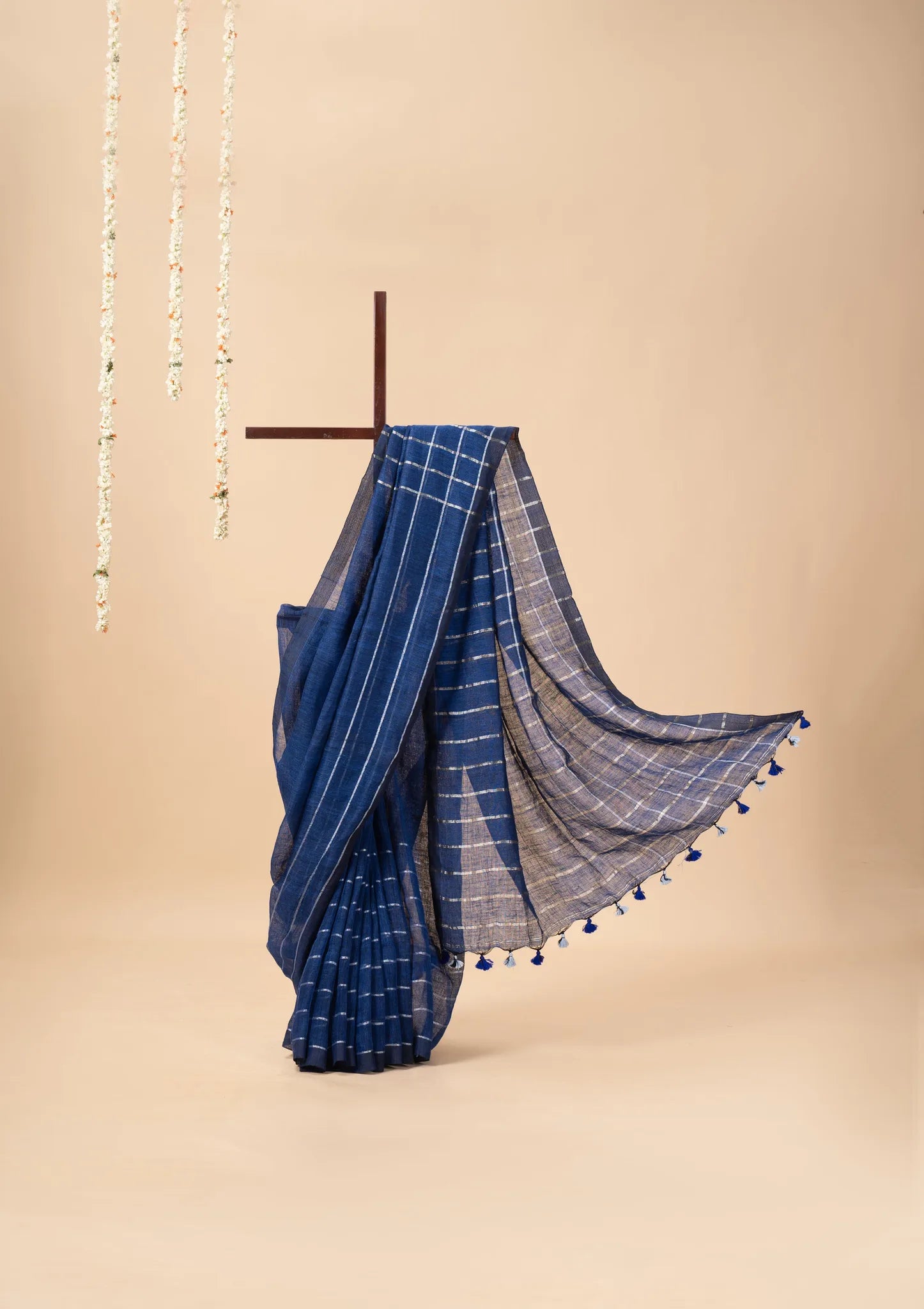 Blue Linen Saree with Silver Stripes