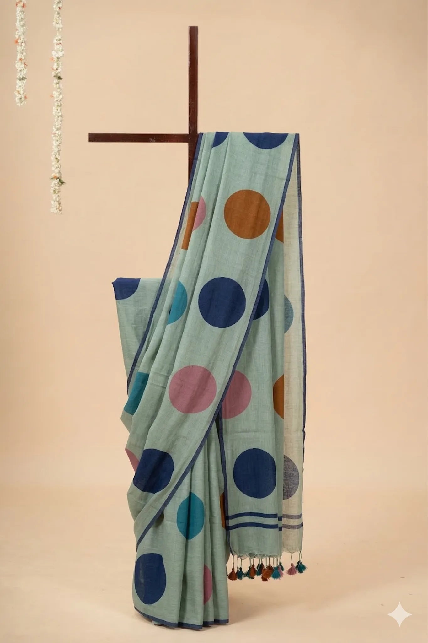 Blue Mul Cotton Saree with Multicoloured  Polka Dots - view 2