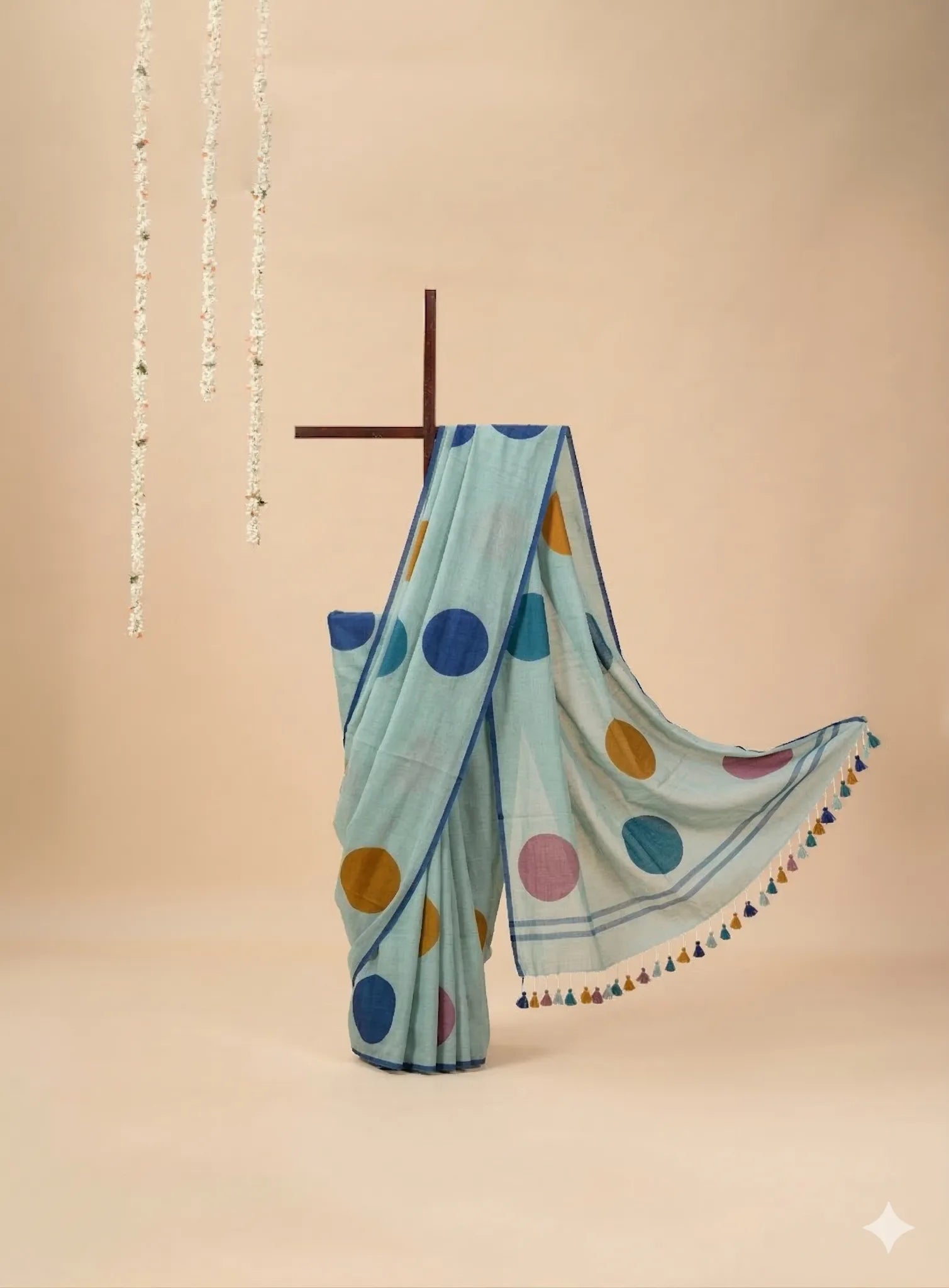 Blue Mul Cotton Saree with Multicoloured  Polka Dots