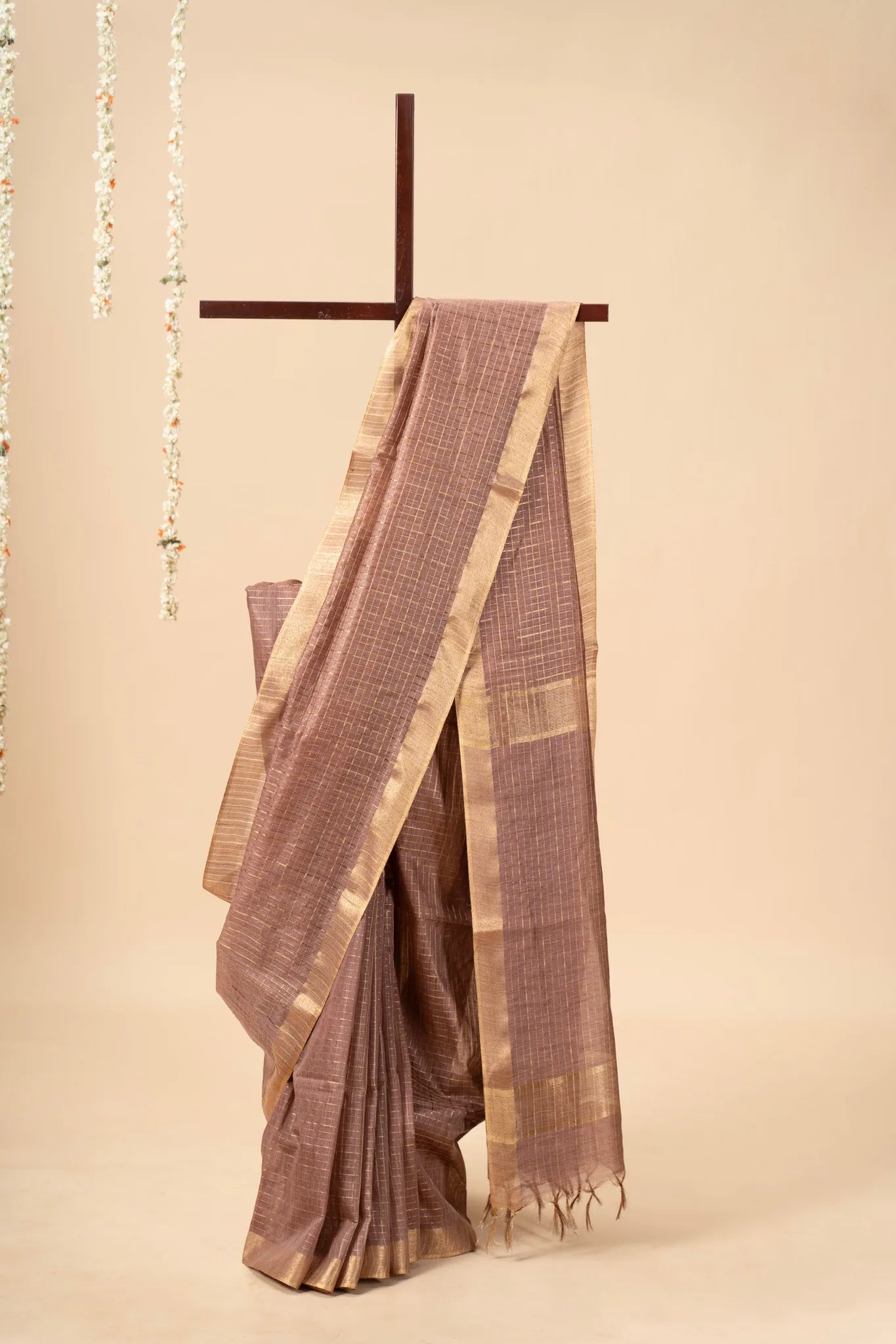 Brown Check Patterned Semi Tussar Silk Saree With Golden Zari - view 2