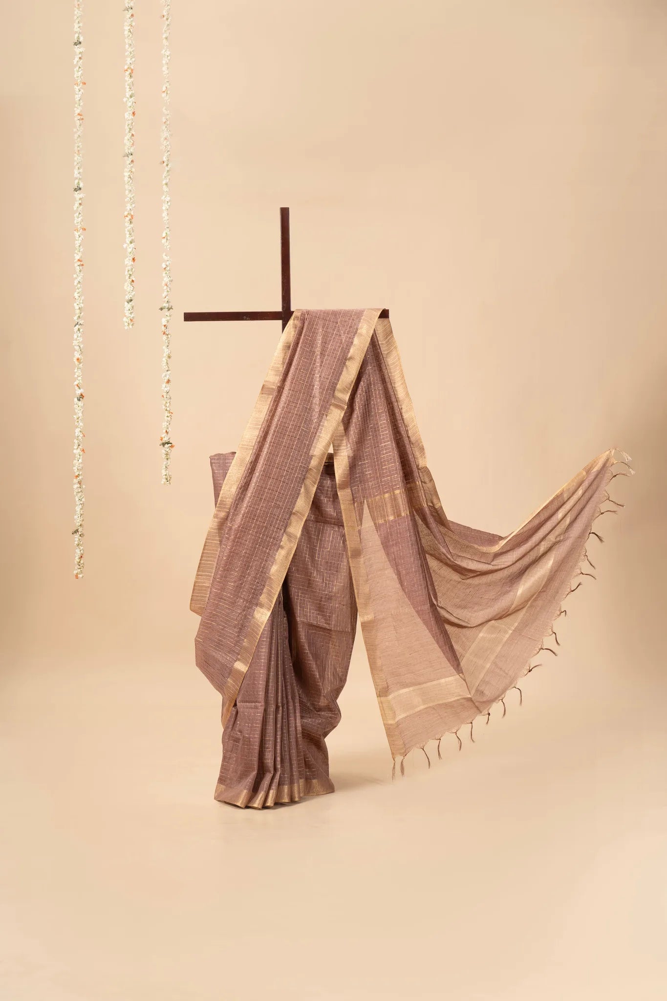 Brown Check Patterned Semi Tussar Silk Saree With Golden Zari