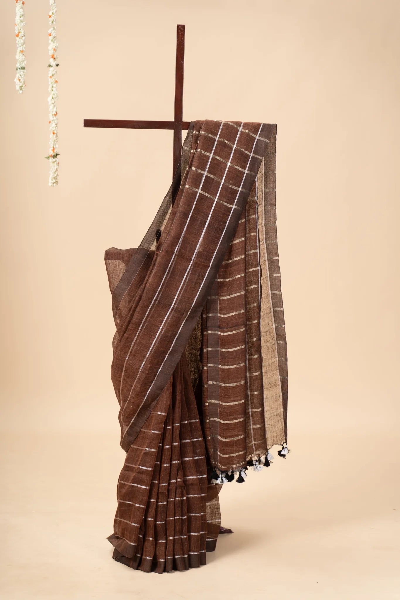 Brown Linen Saree with Silver Stripes - view 2