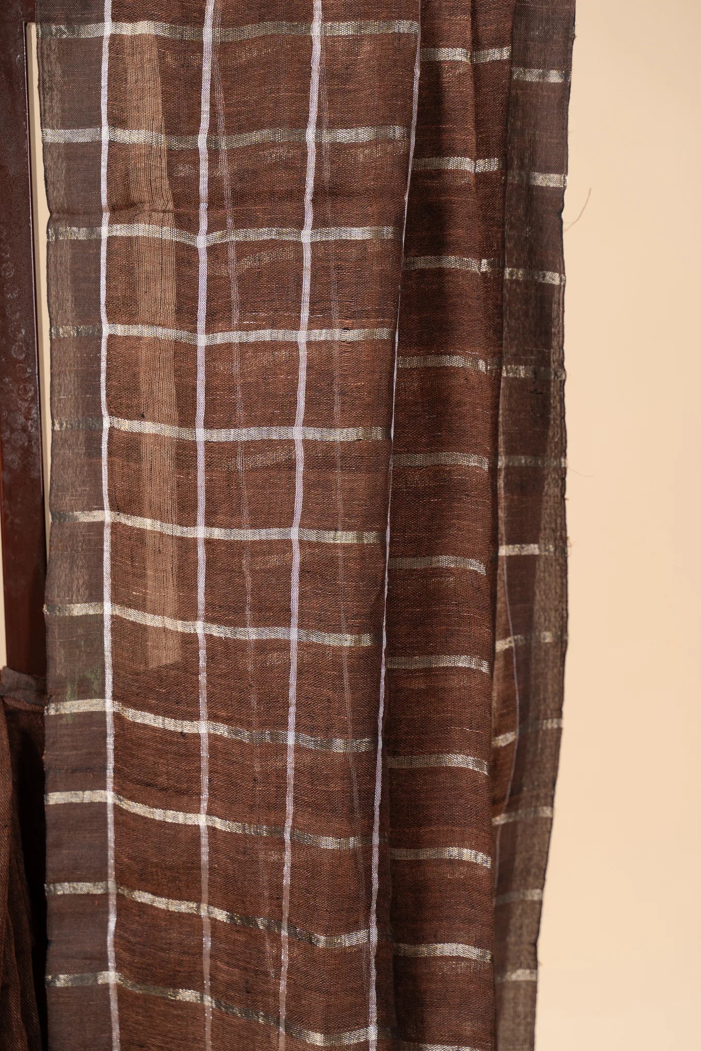 Brown Linen Saree with Silver Stripes - view 3