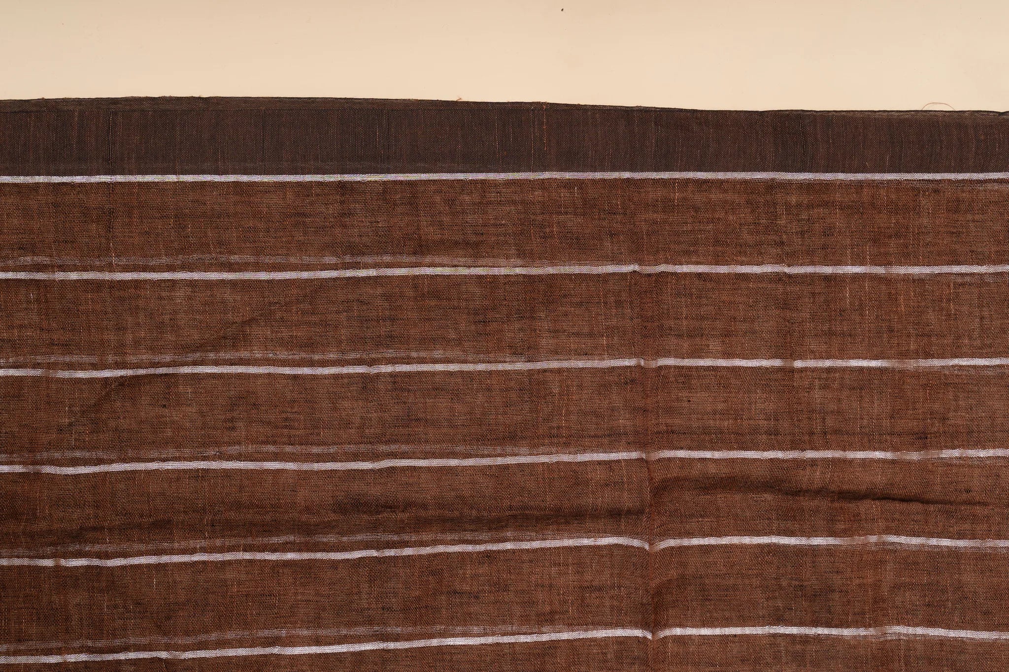 Brown Linen Saree with Silver Stripes - view 4
