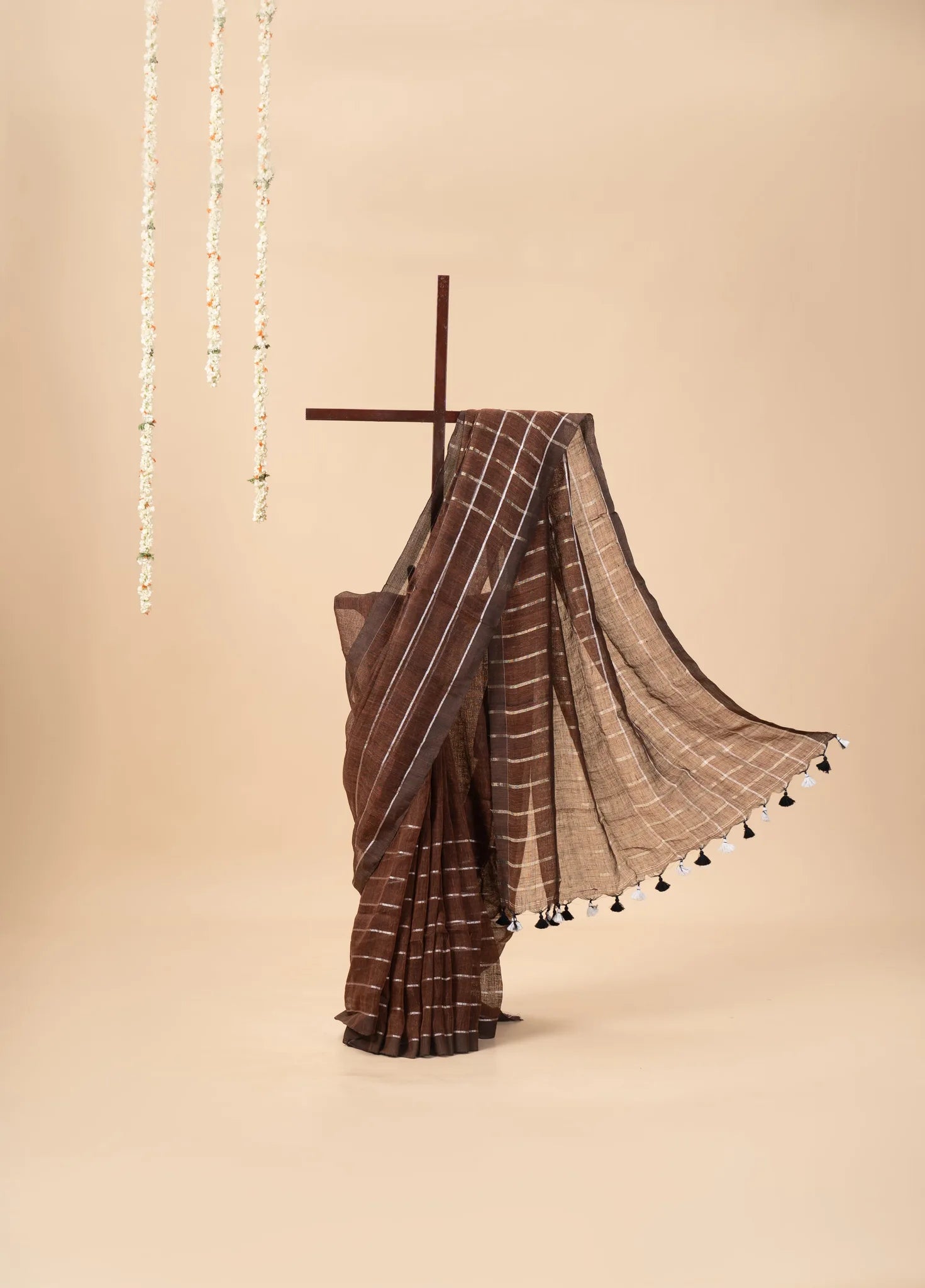 Brown Linen Saree with Silver Stripes