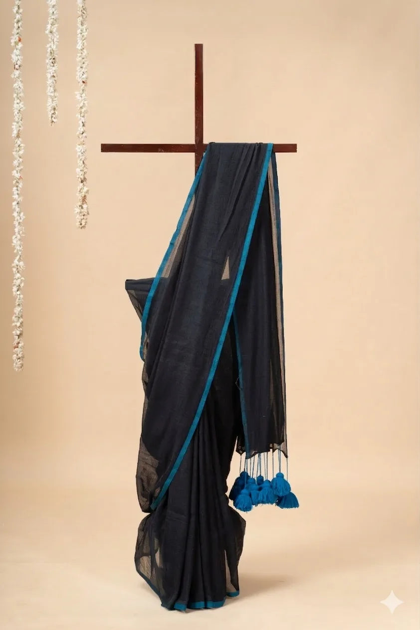 Black Mul cotton Saree with Blue Pom-Pom - view 2