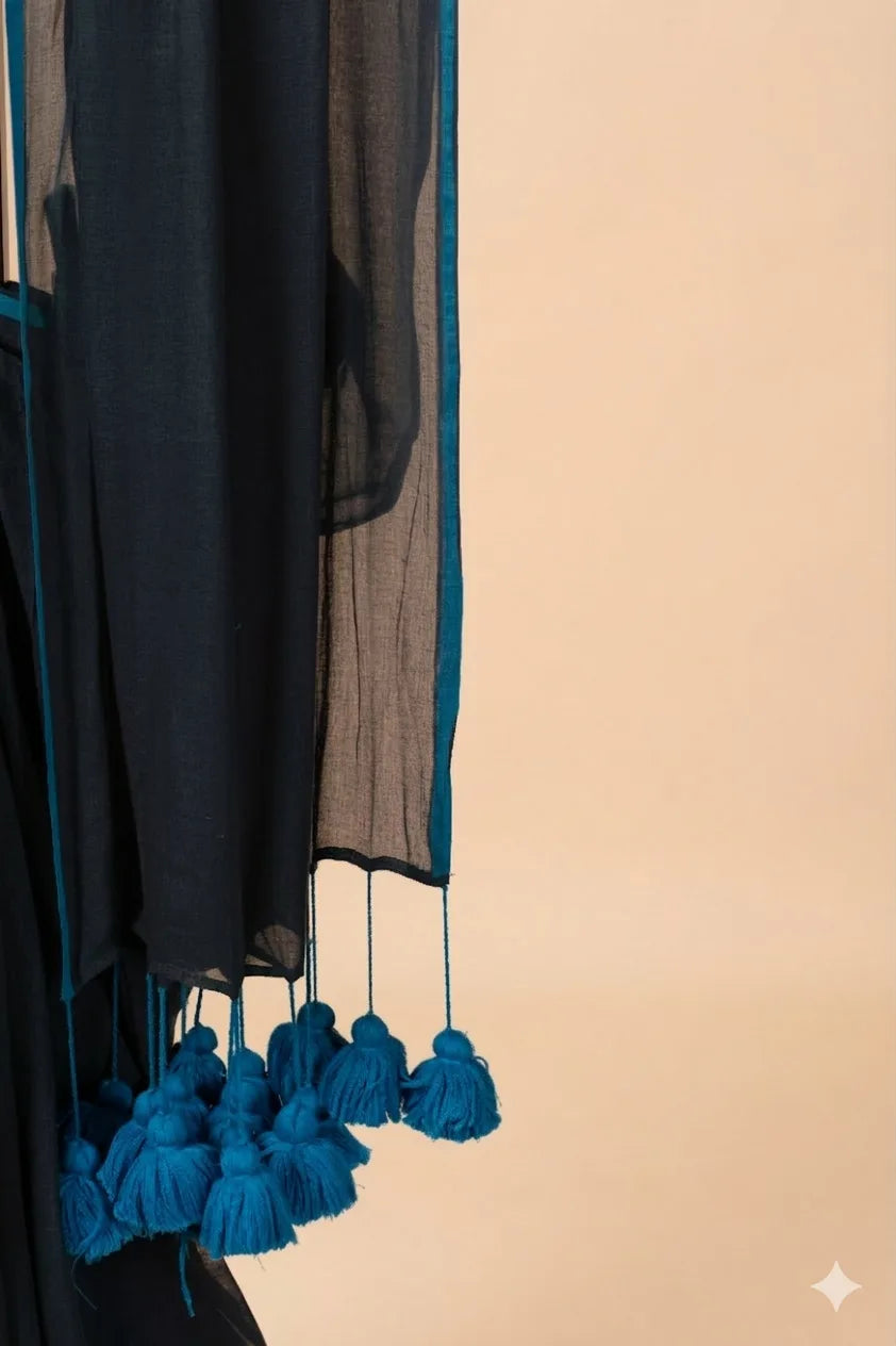 Black Mul cotton Saree with Blue Pom-Pom - view 3