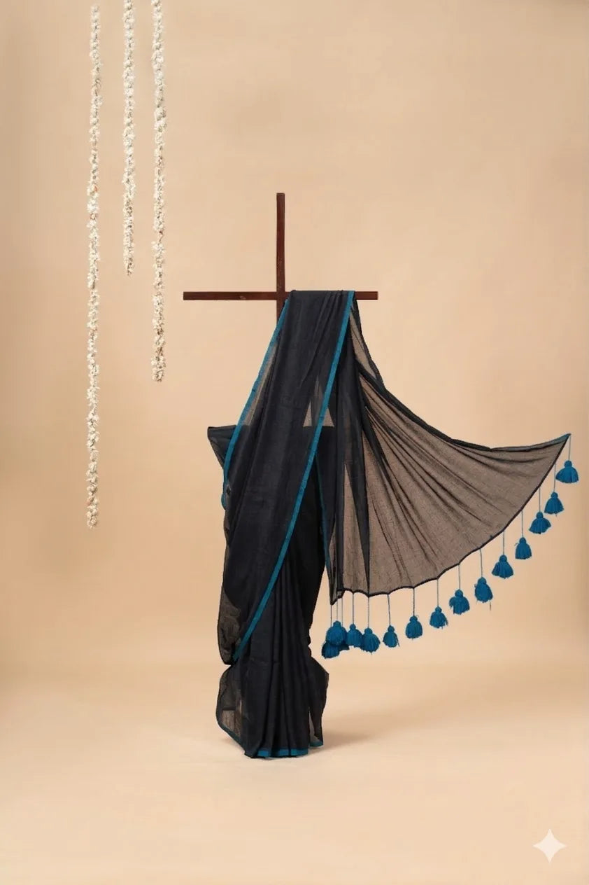 Black Mul cotton Saree with Blue Pom-Pom
