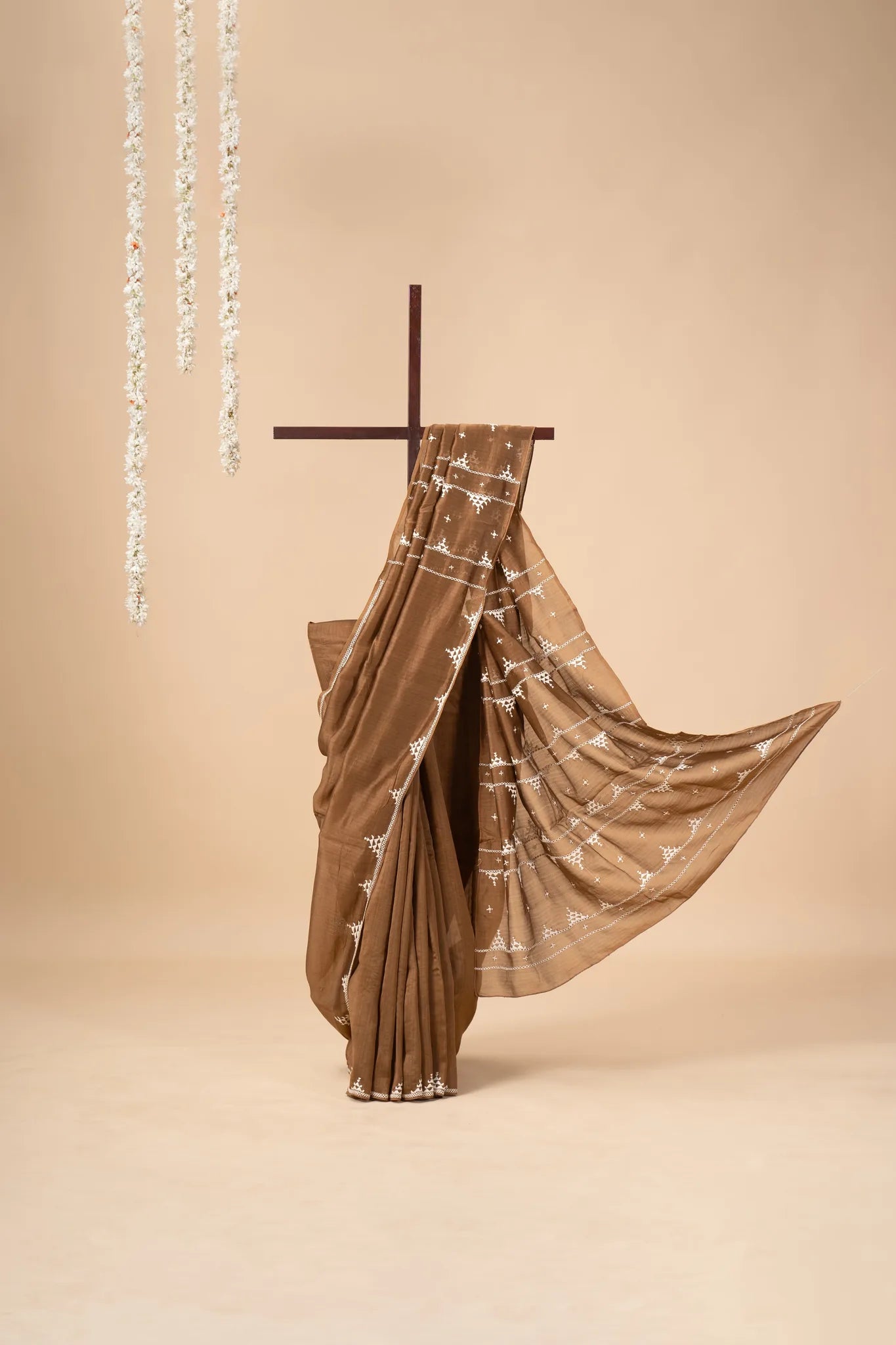 Brown Chanderi Silk Saree with Soof Embroidery - view 2